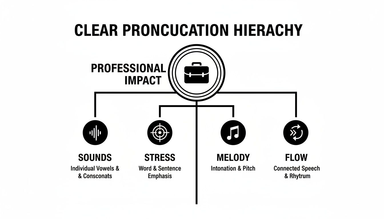 A diagram illustrates a clear pronunciation hierarchy for professional impact, detailing sounds, stress, melody, and flow.