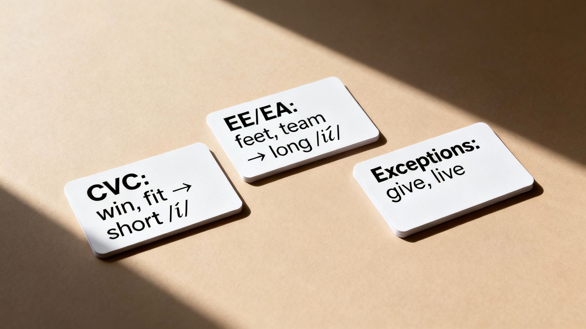 Three flashcards illustrate short and long 'i' English vowel sounds with examples and exceptions.