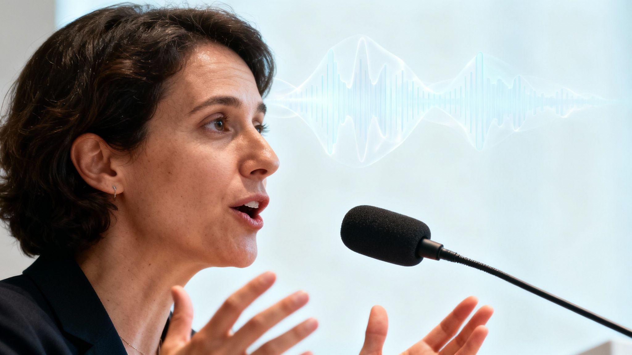 A professional woman speaks into a microphone with a blue sound wave graphic above her.