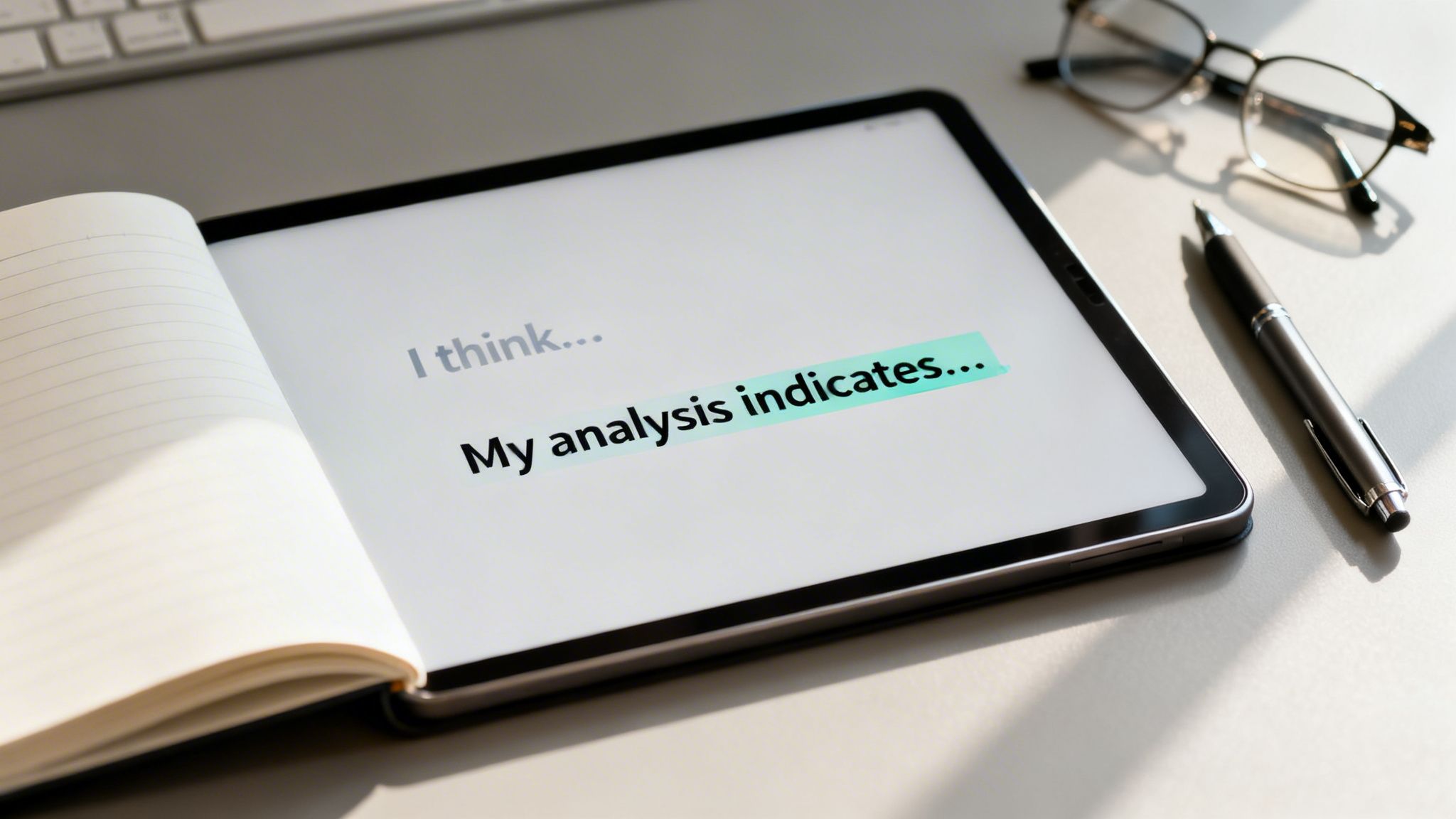 Tablet displaying 'My analysis indicates...' highlighted over 'I think...' with office supplies on a desk.