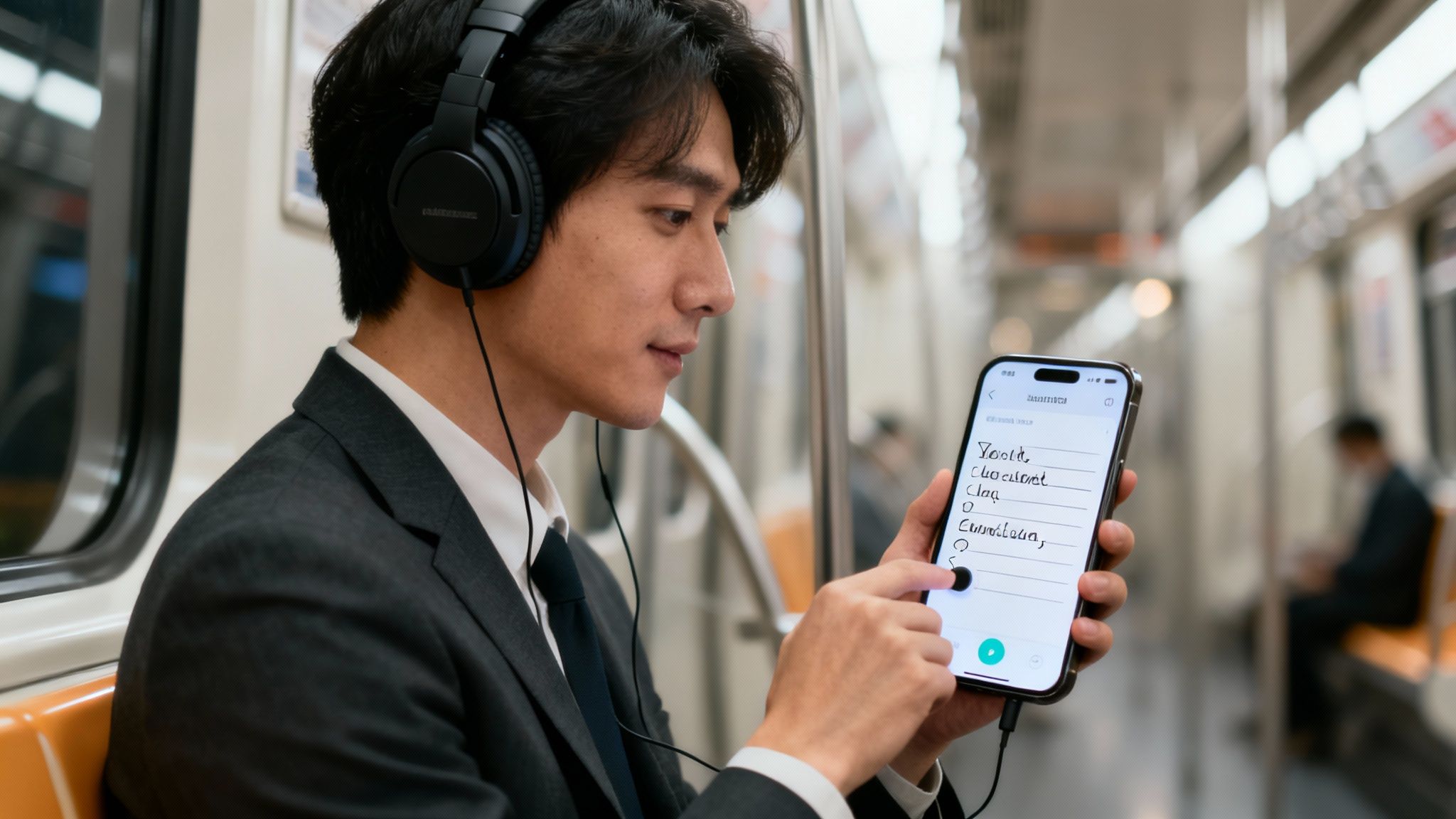 Young man in a suit on a train, wearing headphones and writing notes on his phone.