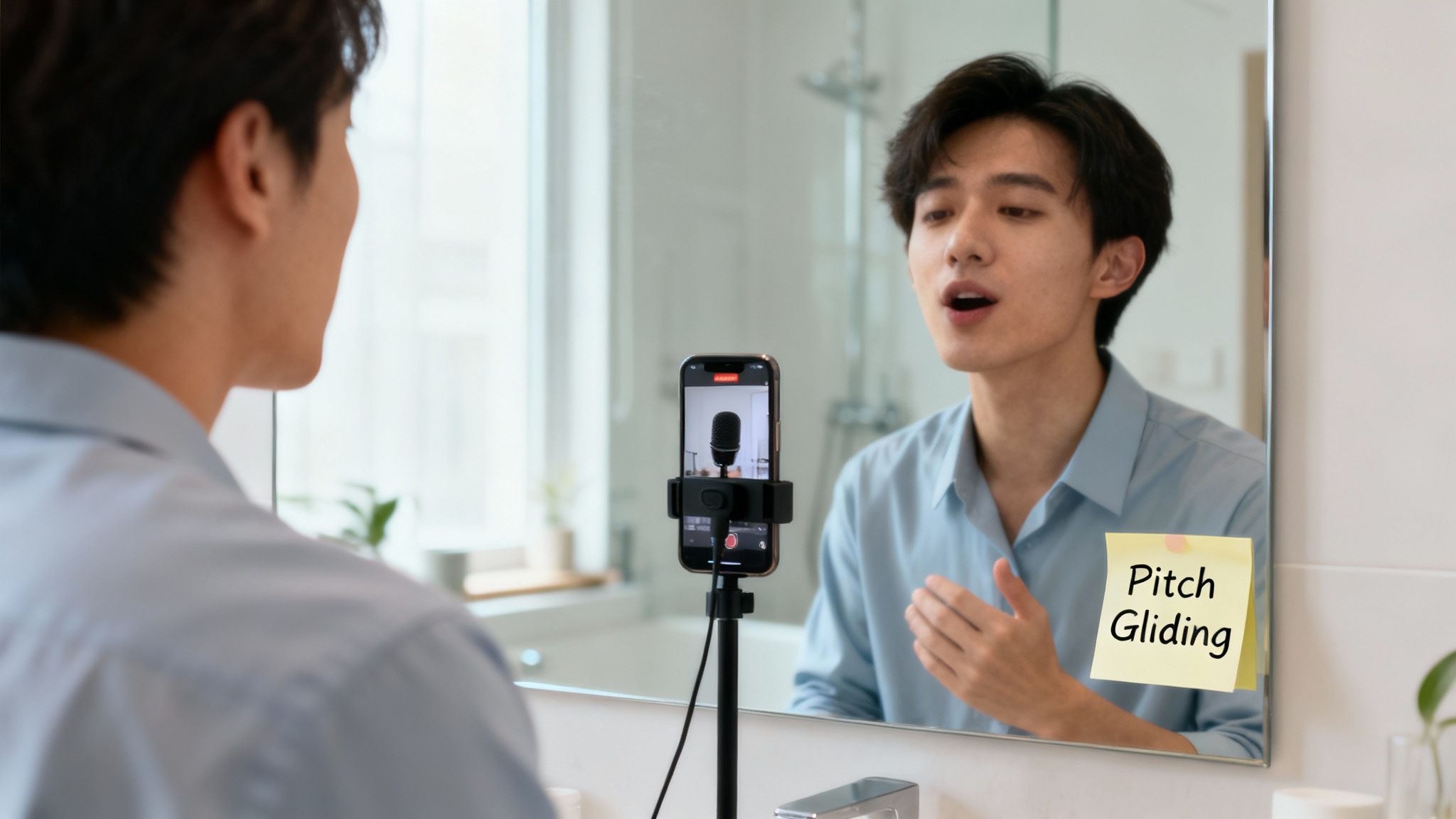 A young man practices vocal exercises in a bathroom mirror, recording with a smartphone.