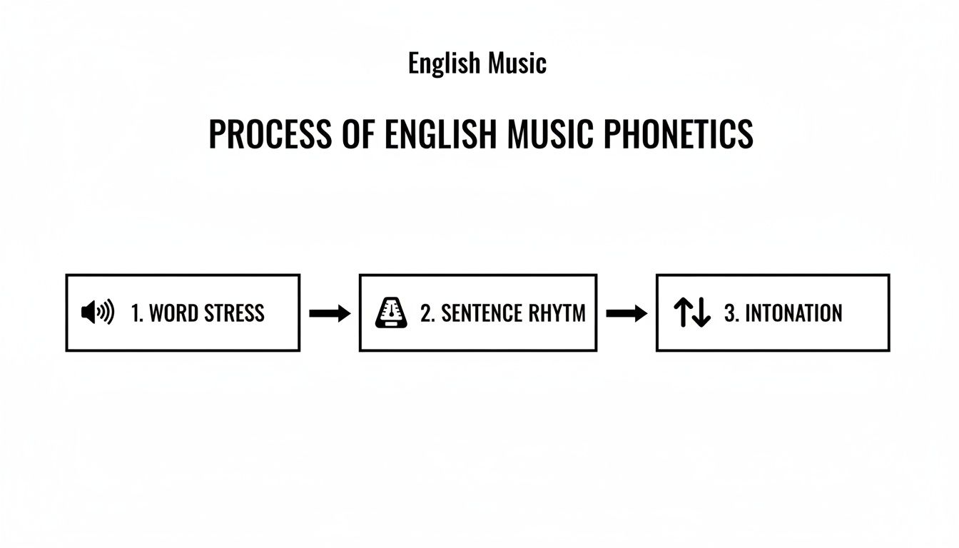 Flowchart illustrating the process of English music phonetics, including word stress, sentence rhythm, and intonation.
