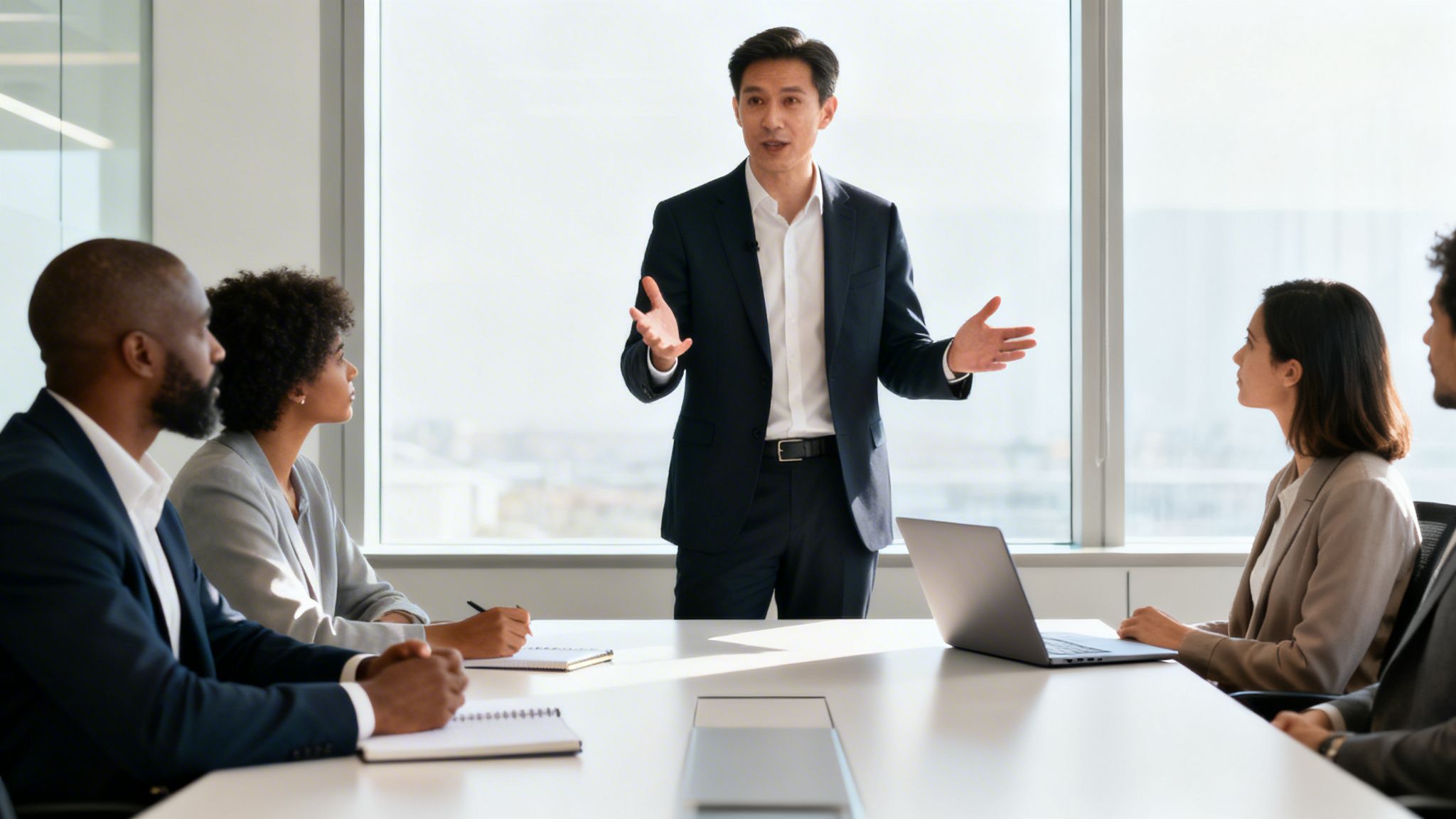 An Asian man leads a diverse business meeting, speaking to attentive colleagues in a sunlit room.