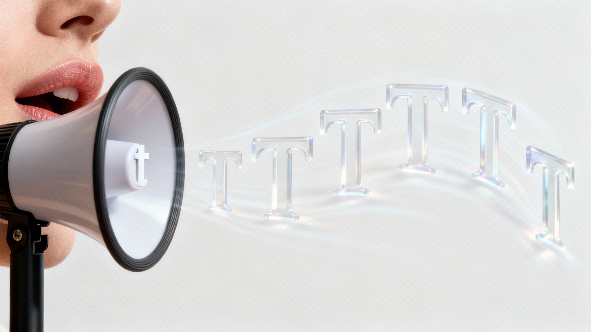 A person's mouth speaks into a megaphone, emitting multiple shimmering letter 'T's.