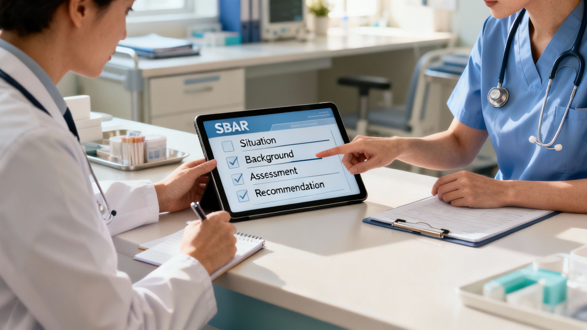 Healthcare professionals review SBAR communication on a tablet, with one pointing at the screen.