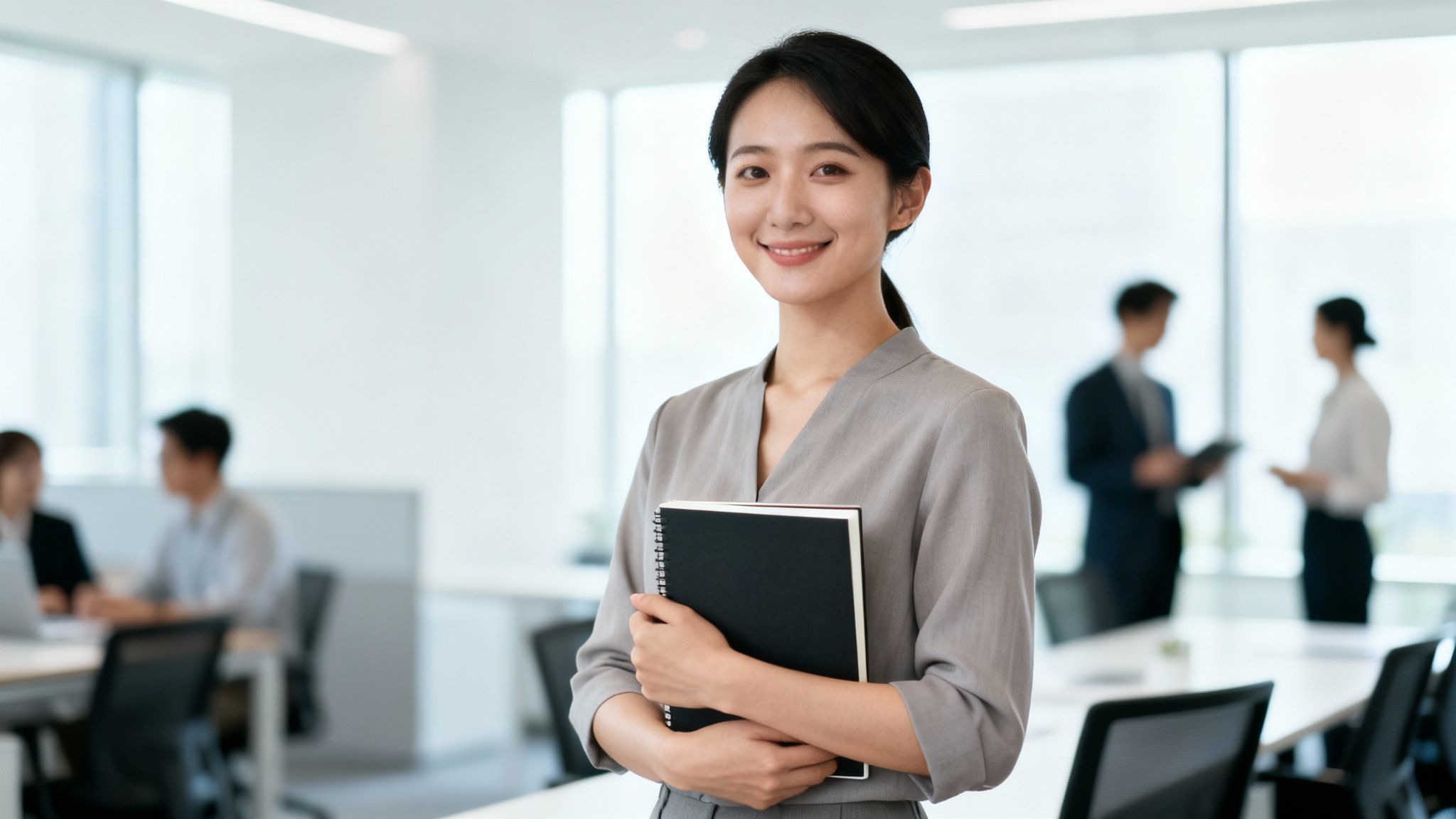 Smiling East Asian businesswoman in a modern office, holding a notebook and looking at the camera.