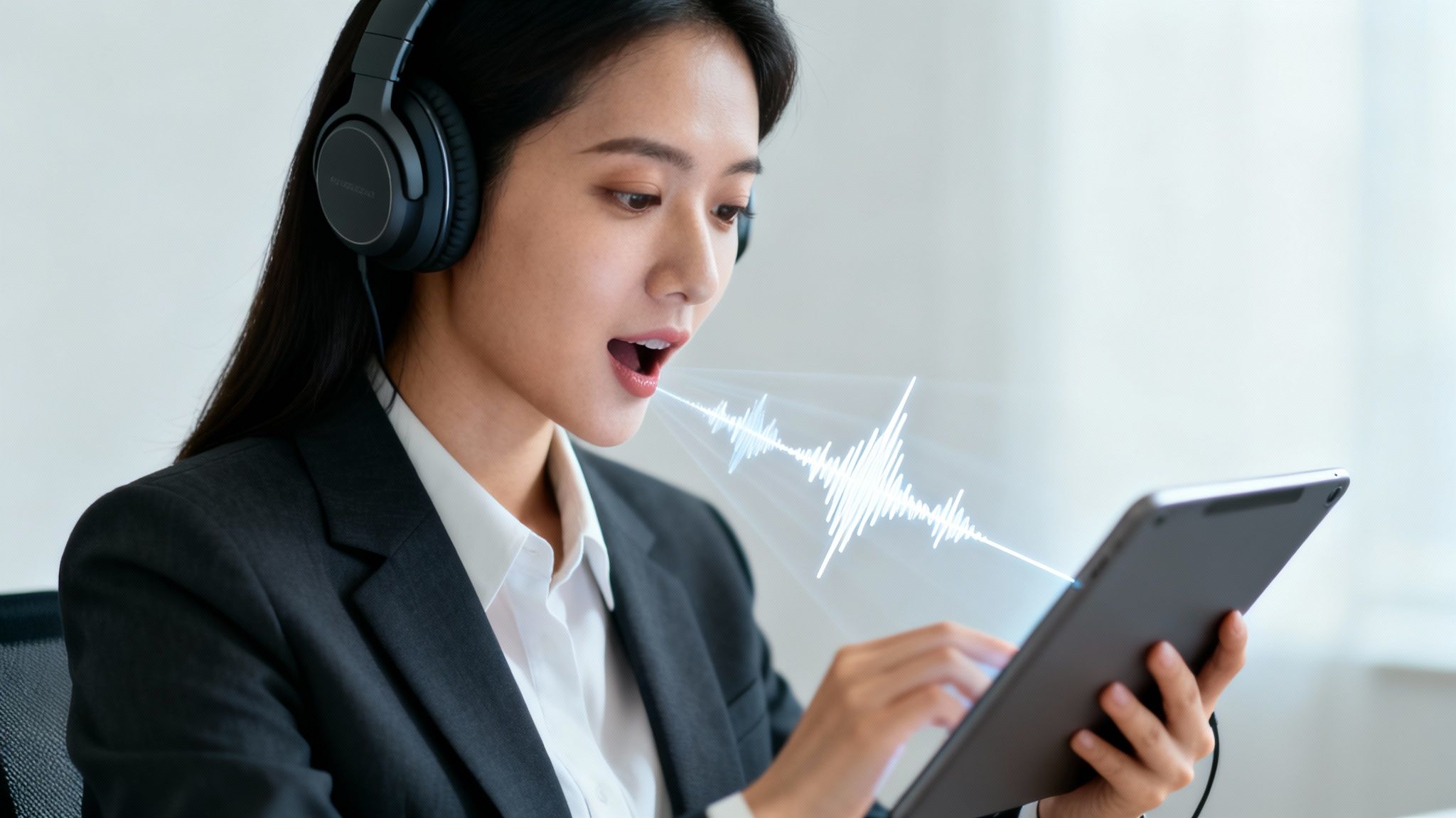 A young woman in headphones speaks into a tablet, showing voice recognition software with a sound wave.