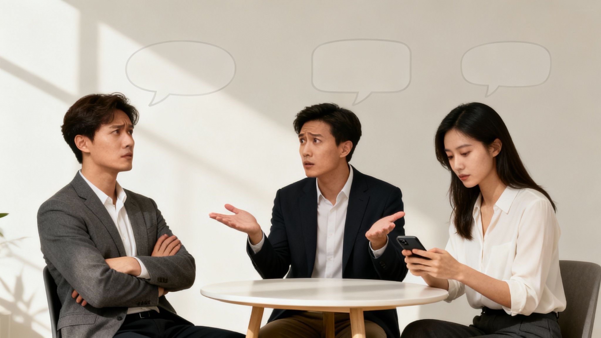 Three diverse colleagues in a meeting, one frustrated, one confused, and one distracted on her phone, showing miscommunication.