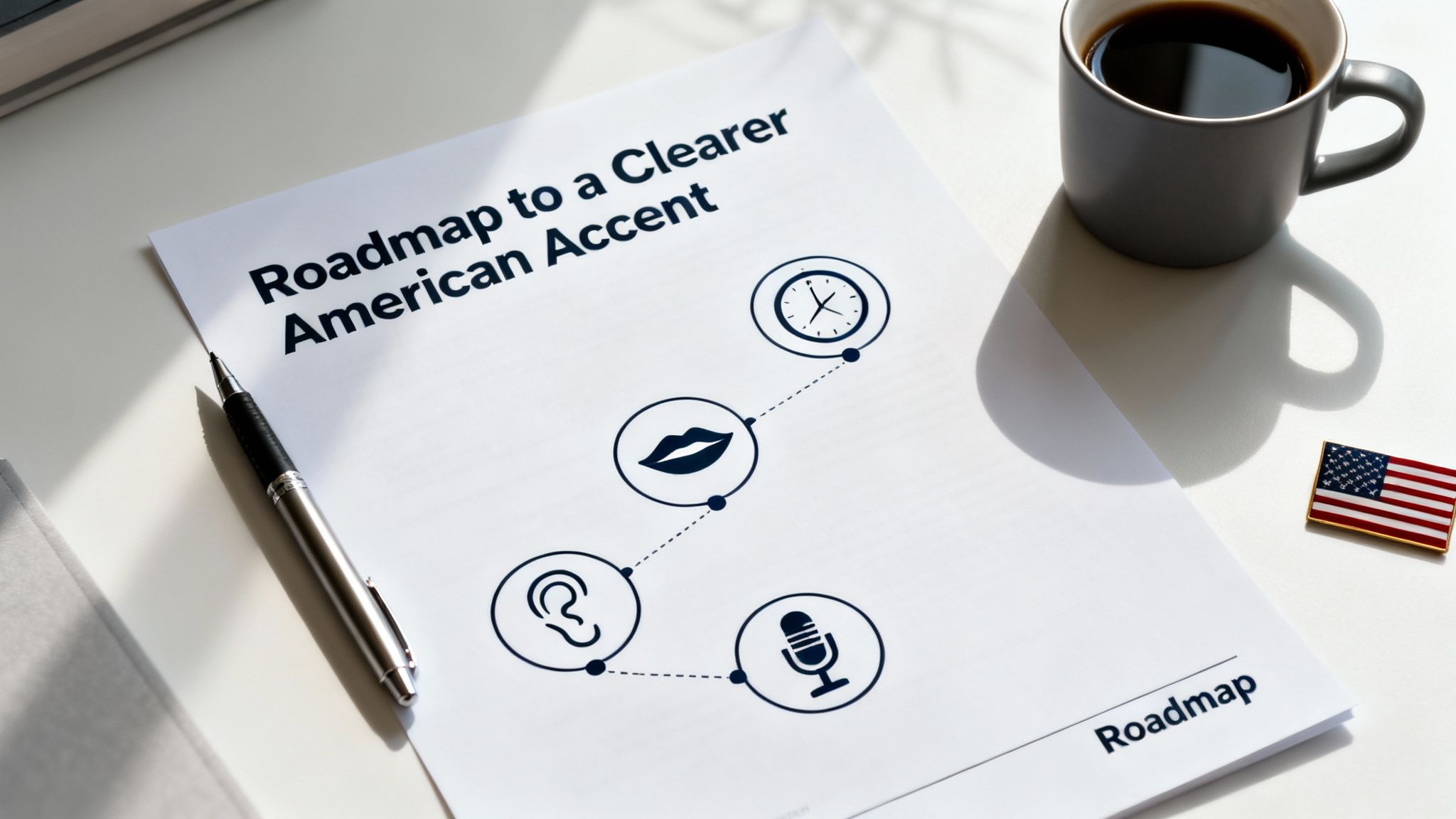 A document titled 'Roadmap to a Clearer American Accent' with icons for time, speaking, listening, and practice.