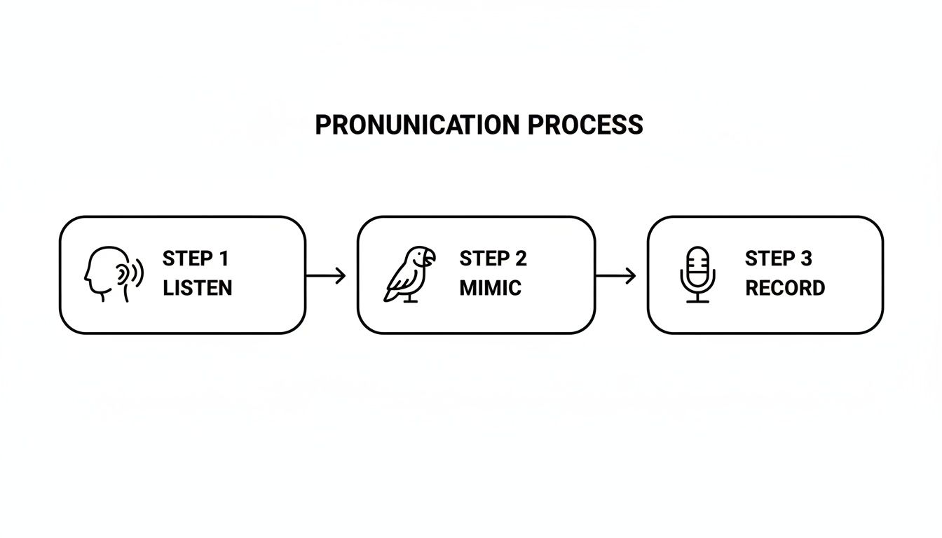 A flowchart titled 'Pronunciation Process' with three steps: Listen, Mimic, and Record, each with an icon.