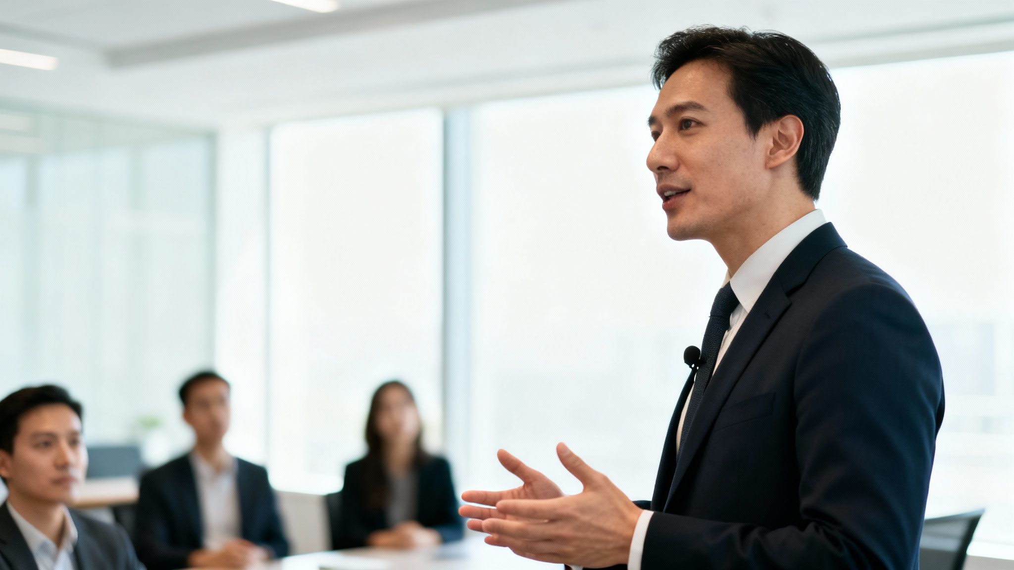 An Asian businessman speaks with a lapel mic during a business presentation in a modern office.