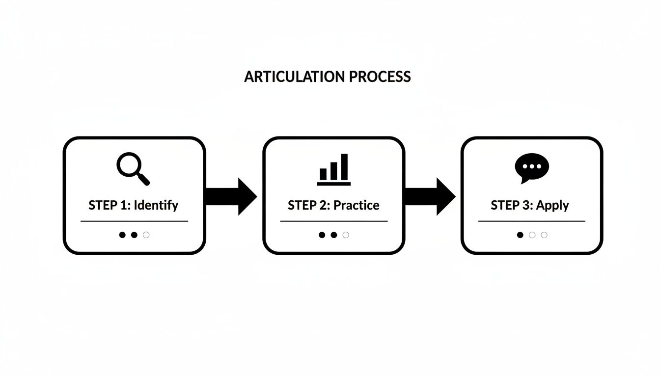 A diagram illustrating the three-step articulation process: identify, practice, and apply.