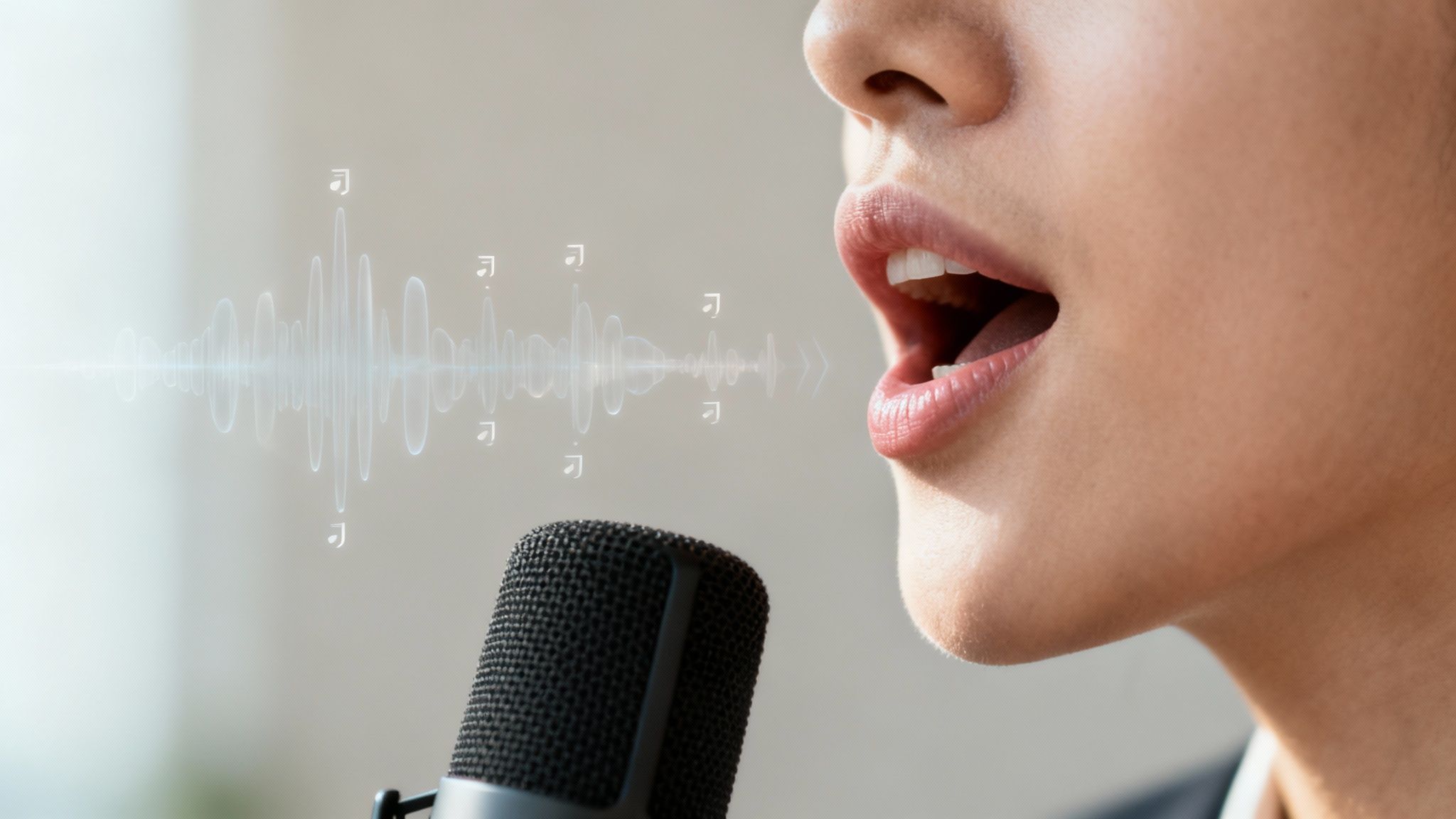 Close-up of a person speaking into a studio microphone, with glowing sound waves and music notes.
