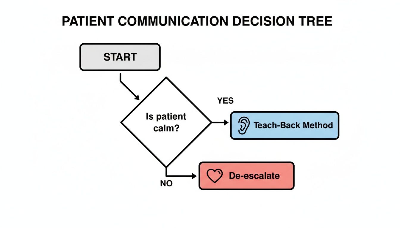 A flowchart titled 'Patient Communication Decision Tree' outlining steps for interacting with patients.