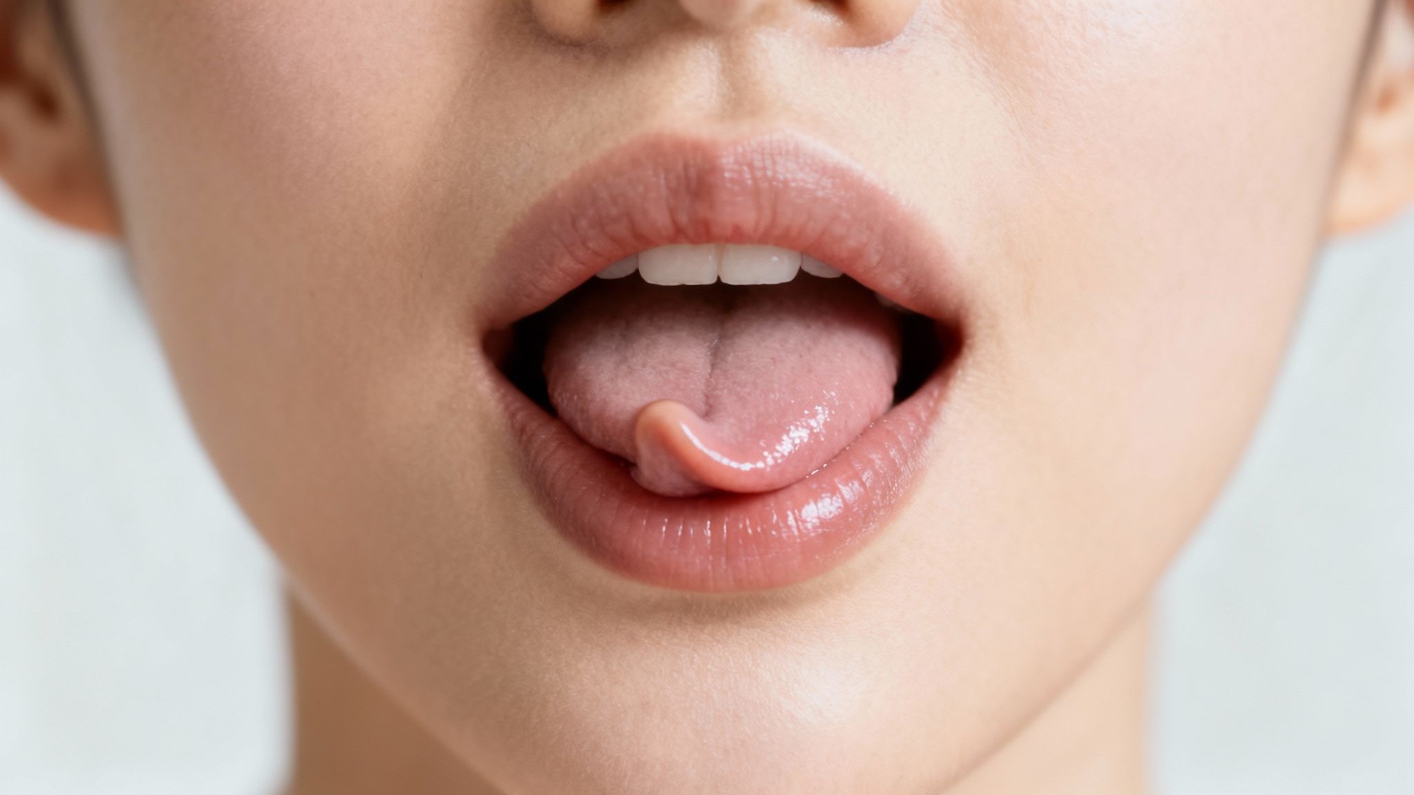 Close-up of a person's mouth with lips parted, showing a pink tongue curled upwards.