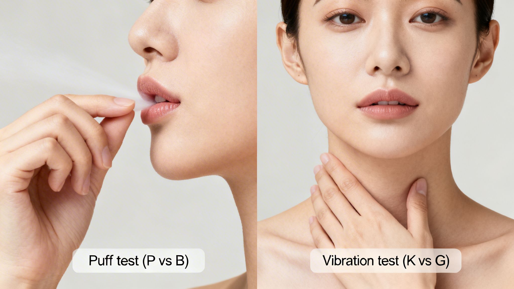 A woman demonstrates phonetic tests for plosive sounds: a puff test for P/B and a vibration test for K/G.