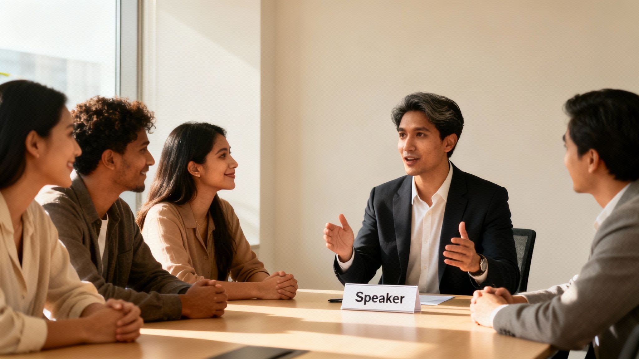 A male speaker gestures and talks to an attentive, diverse group during a business meeting.