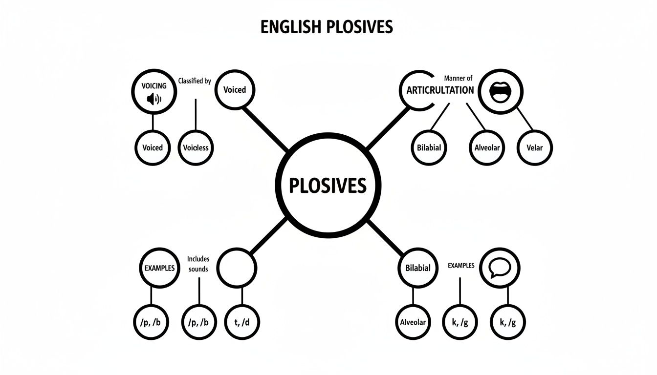 Mind map illustrating English plosives, categorized by voicing and manner of articulation with examples.