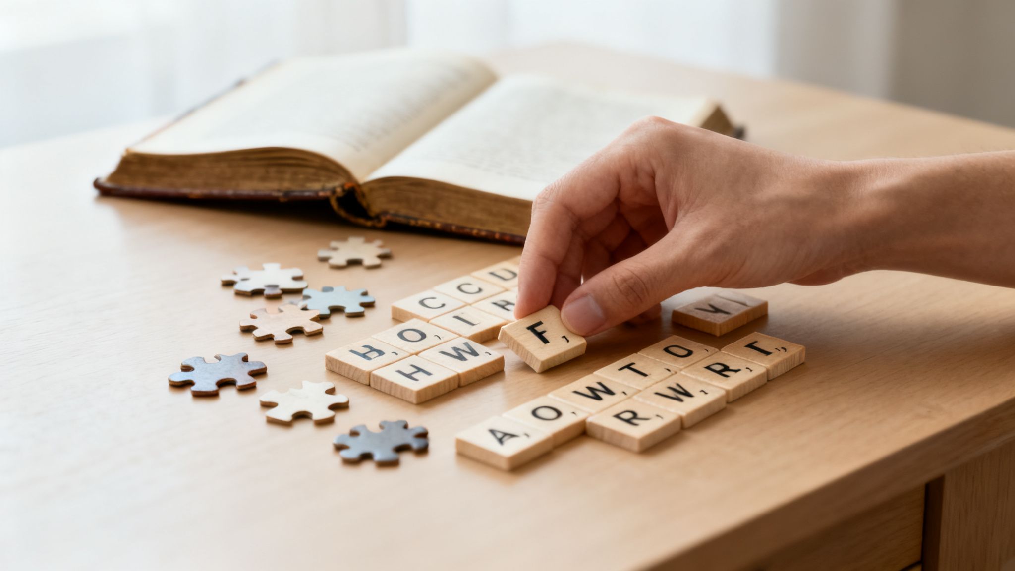 A hand places a letter 'F' Scrabble tile on a table with other letters and an open book.