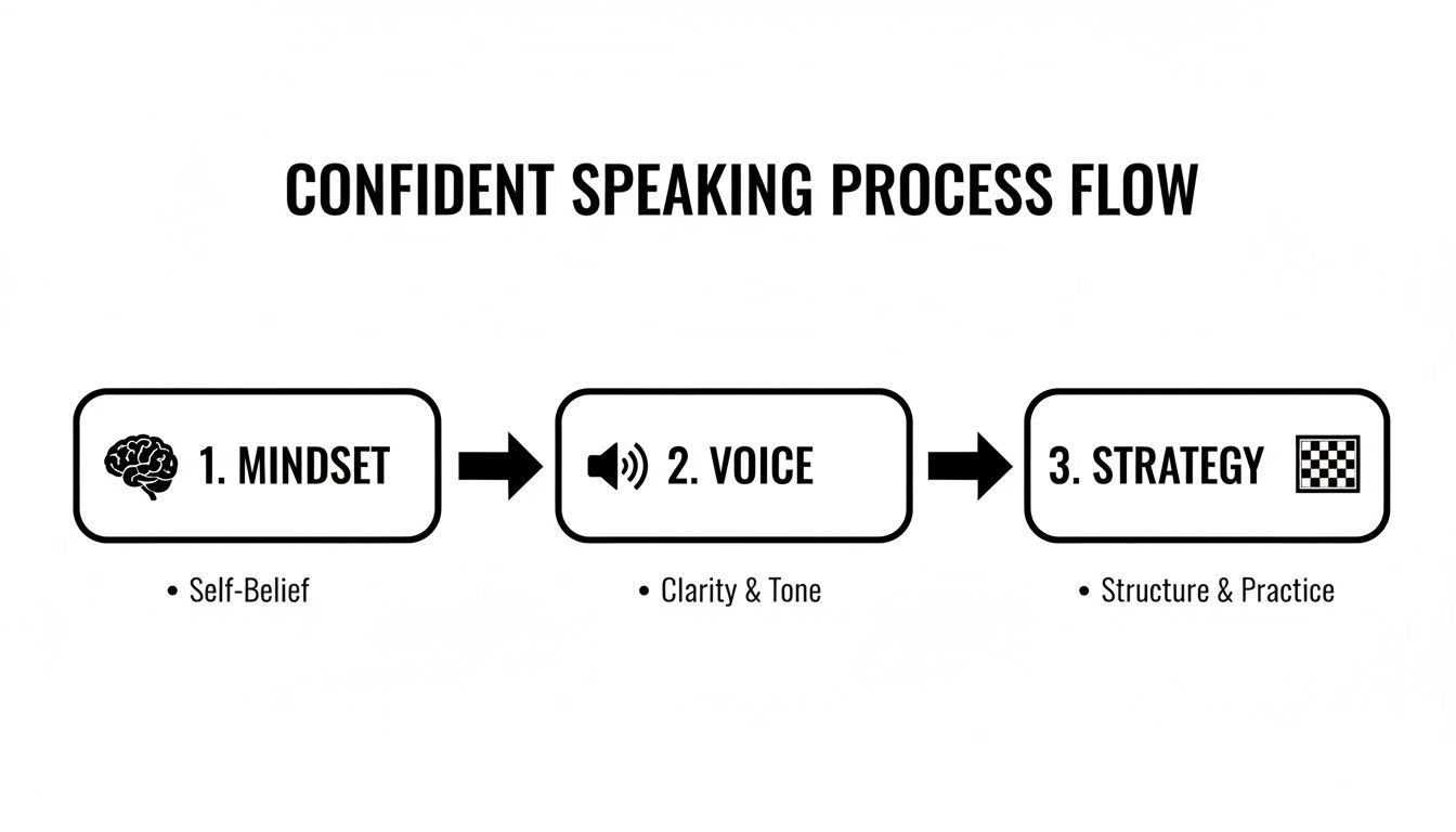 A flowchart detailing the three steps for confident speaking: Mindset, Voice, and Strategy, with key sub-points.
