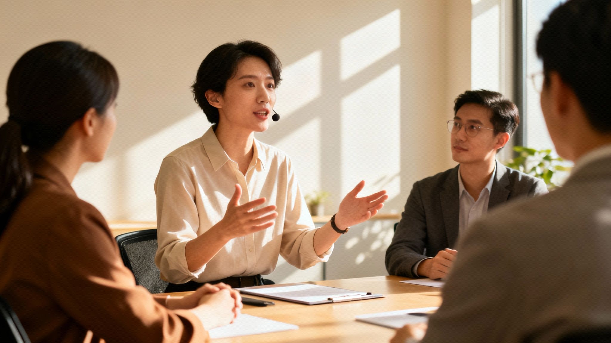 A businesswoman wearing a headset actively leads a discussion with colleagues at a sunlit table.
