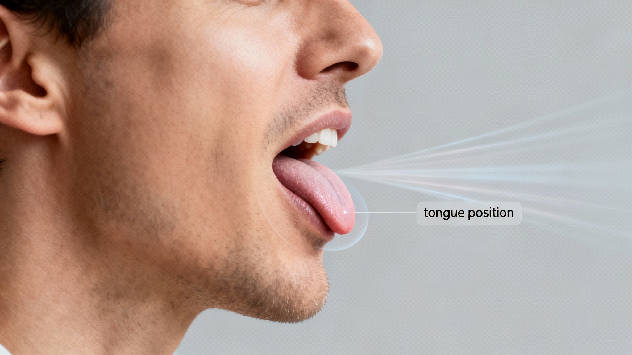 Side profile of a person's open mouth with tongue extended, highlighting proper tongue position for pronunciation.