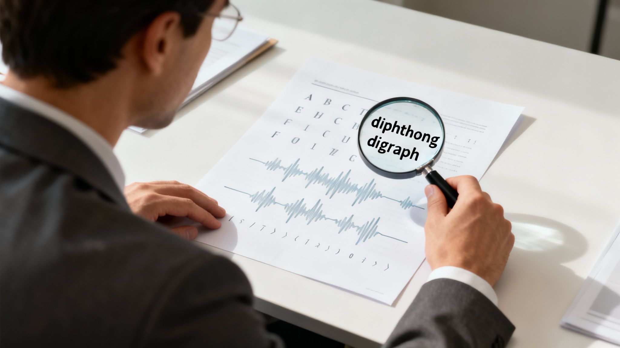 Man with glasses examines a document displaying 'diphthong' and 'digraph' using a magnifying glass.