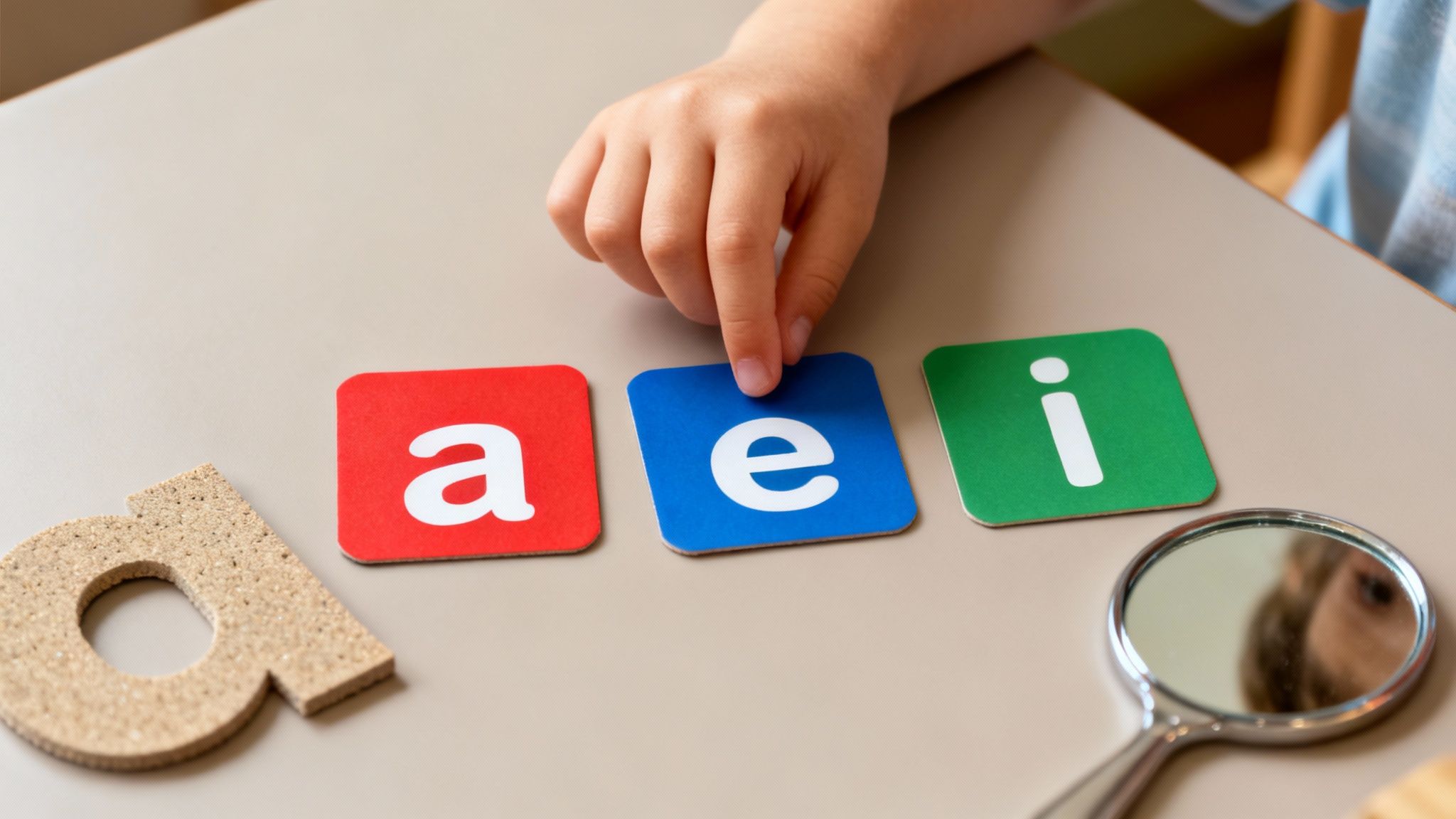 A child's hand points to an 'e' vowel card, surrounded by 'a' and 'i' vowel cards, on a light table.