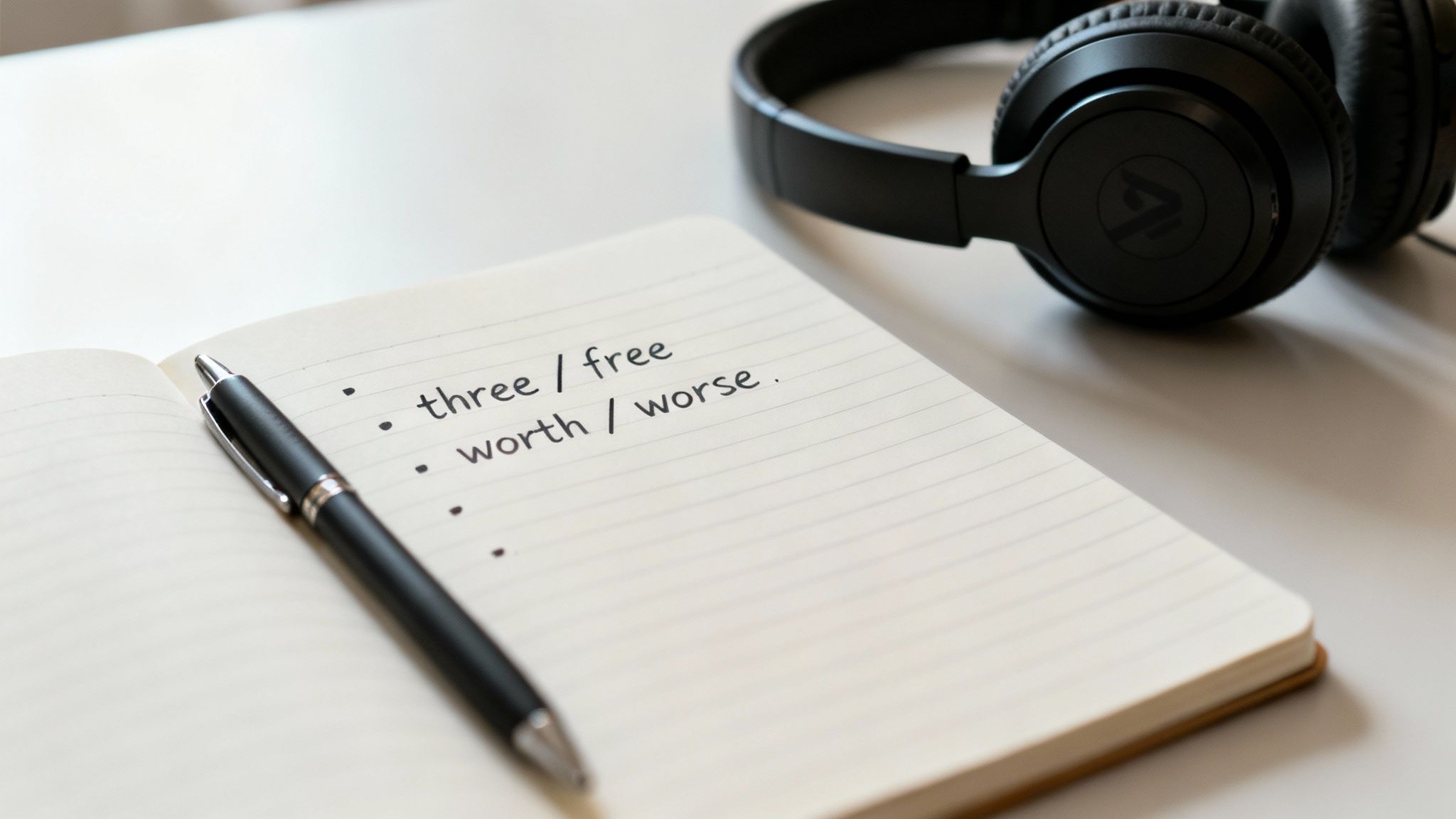 An open notebook with a pen displays phonetic exercises like 'three / free' and 'worth / worse', with headphones nearby.