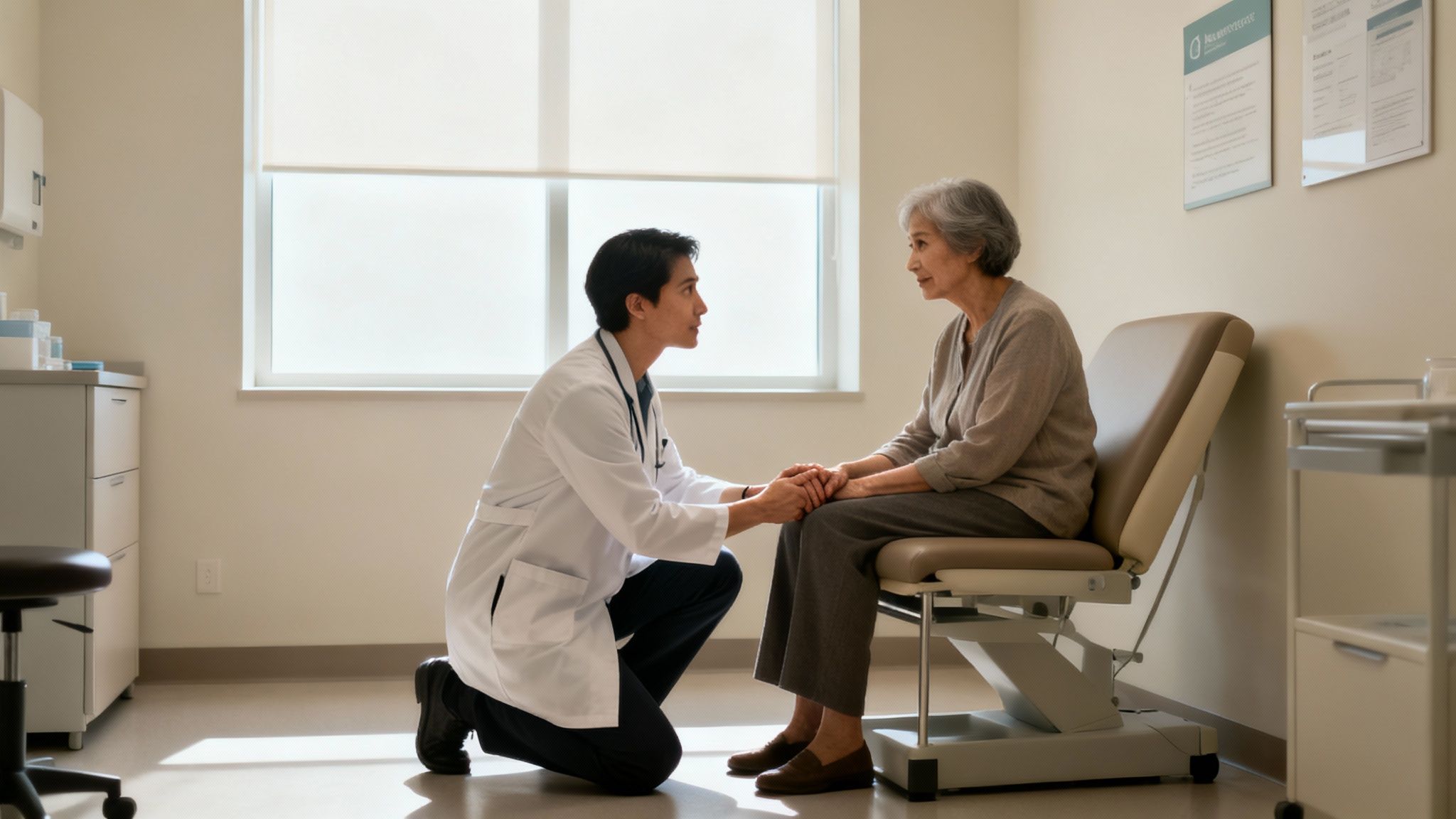 A compassionate doctor kneels to comfort an elderly female patient in a bright examination room.
