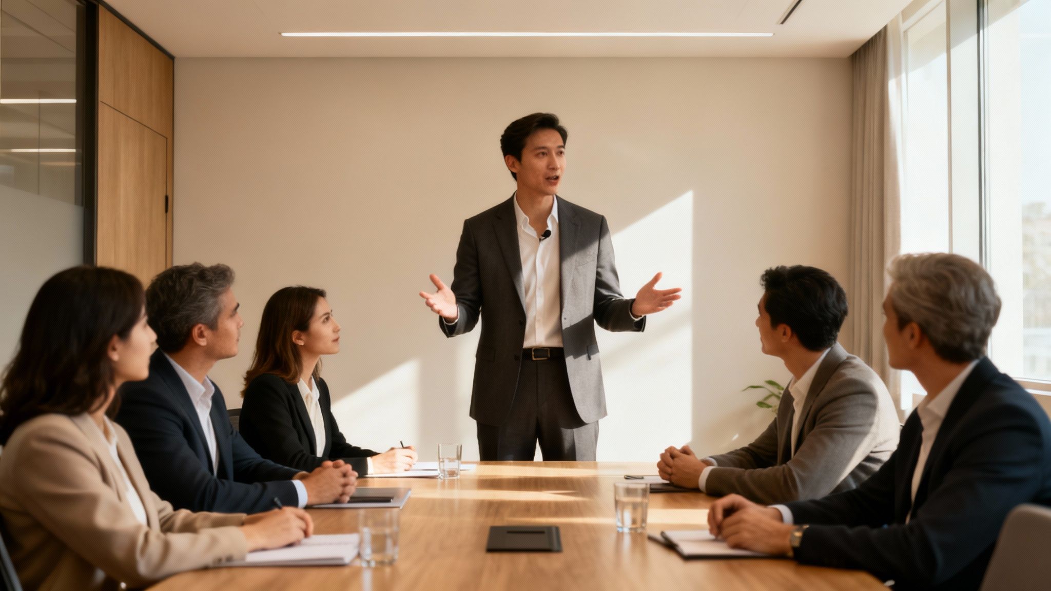 An Asian male speaker presenting to a diverse group of professionals in a modern conference room.