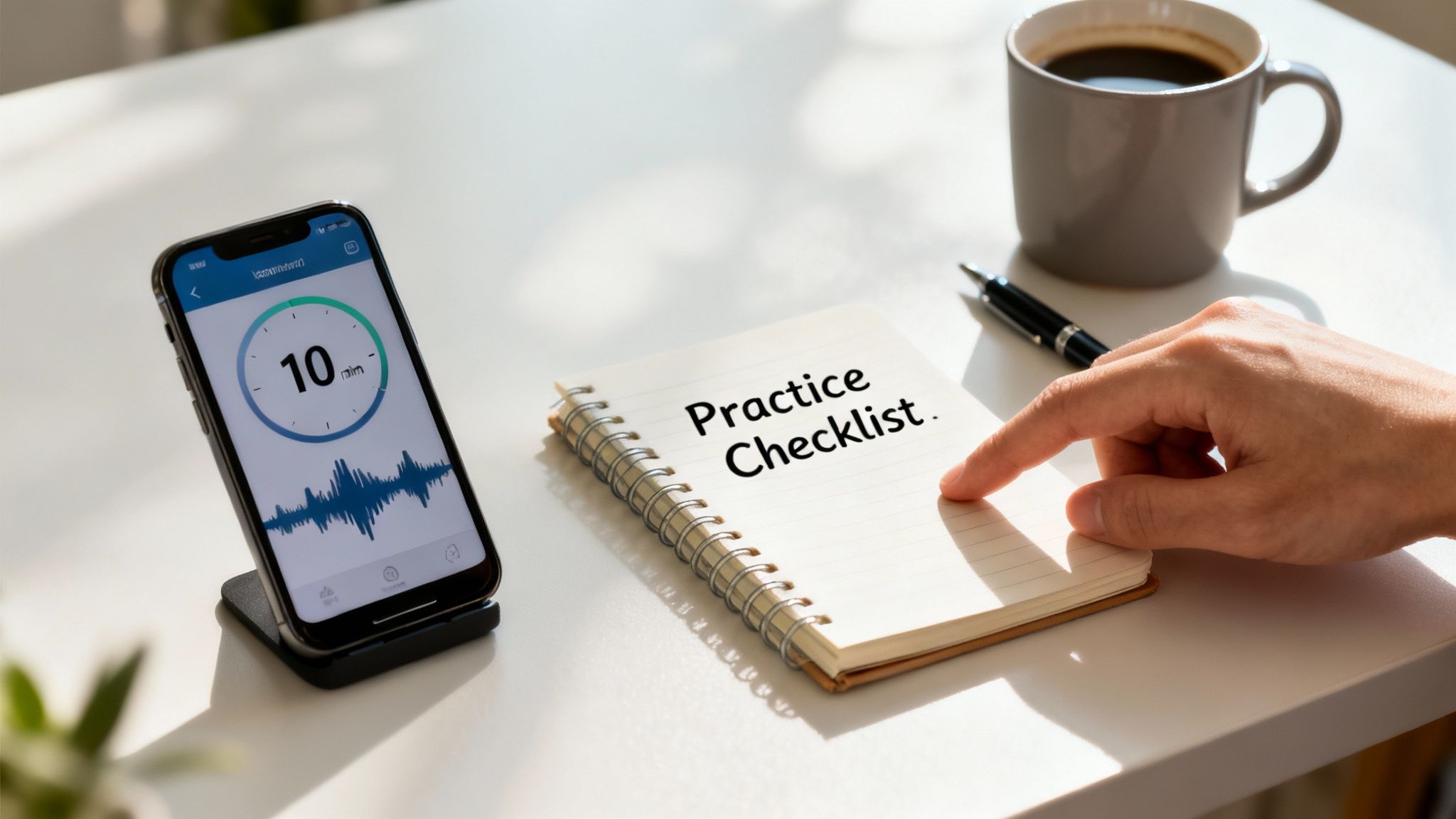 A hand points to a "Practice Checklist" notebook, next to a smartphone showing a 10-min timer and audio.