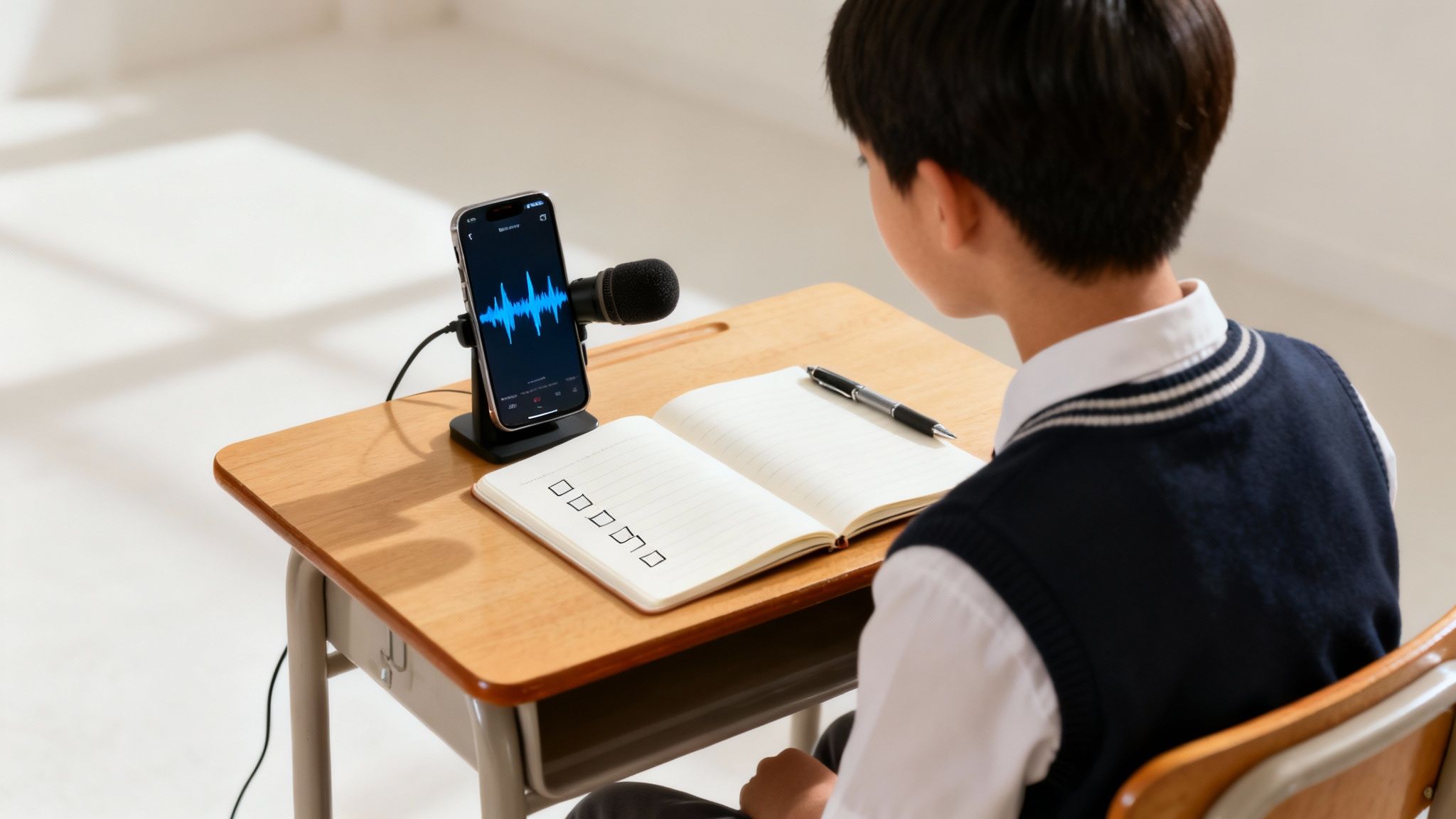 A student practices speaking skills using a smartphone, external microphone, and notebook in a classroom.