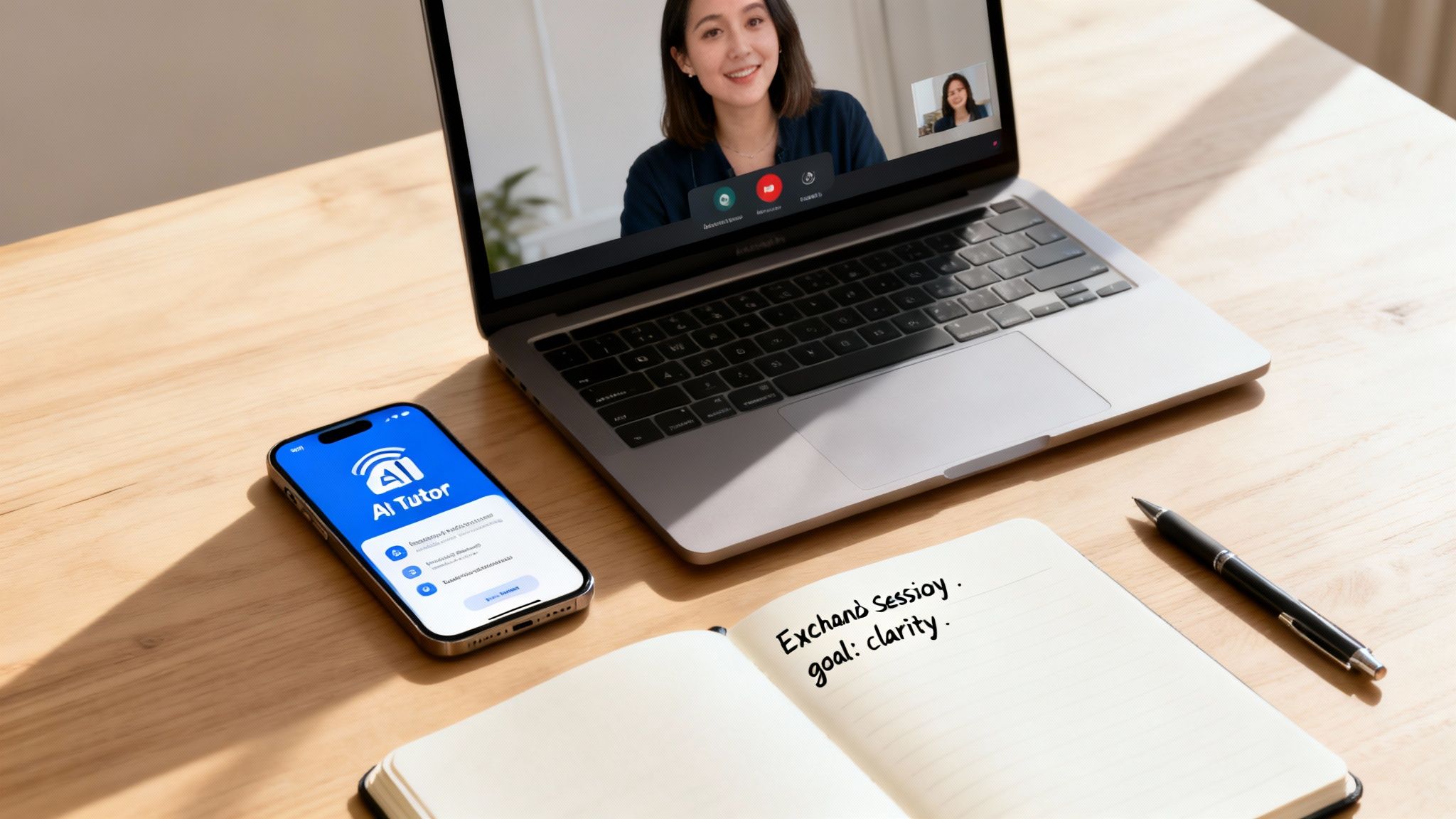 A desk setup with a laptop showing a video call, a phone with an AI Tutor app, and an open notebook with notes.