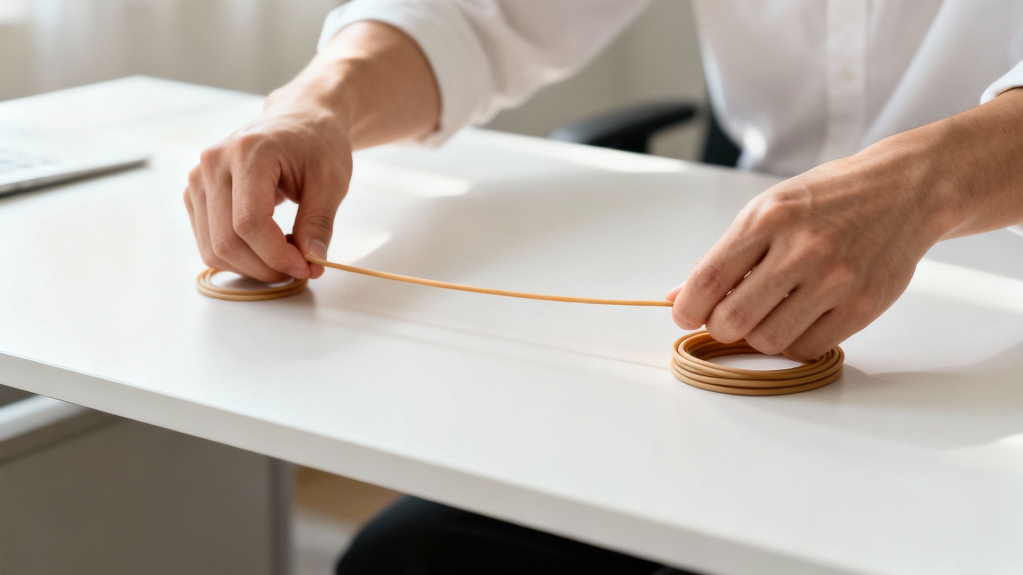 Close-up of a person's hands stretching a long rubber band on a clean white desk, with coiled rubber bands nearby.