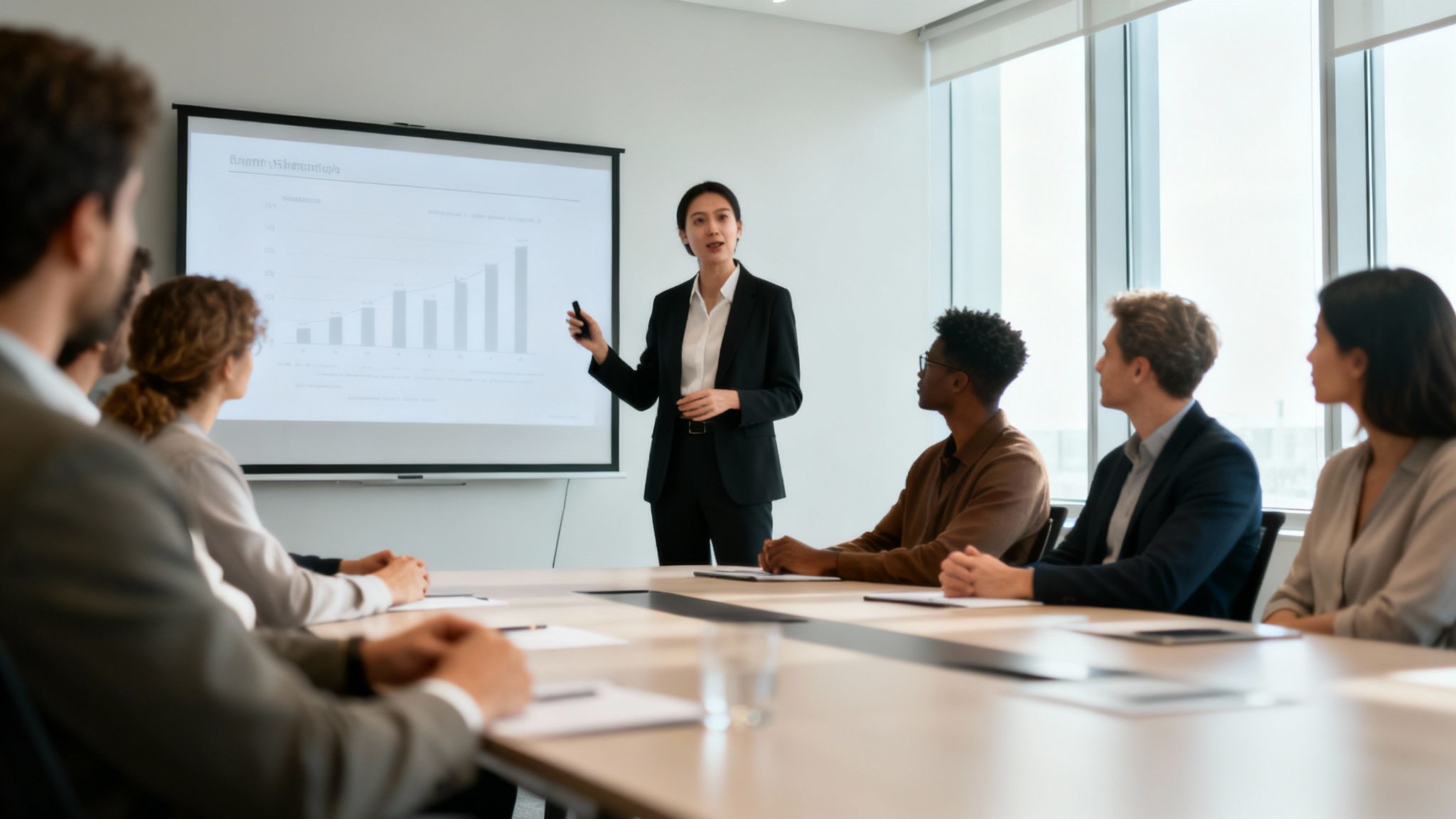 A professional woman gives a presentation to attentive colleagues in a bright conference room with a bar chart displayed.