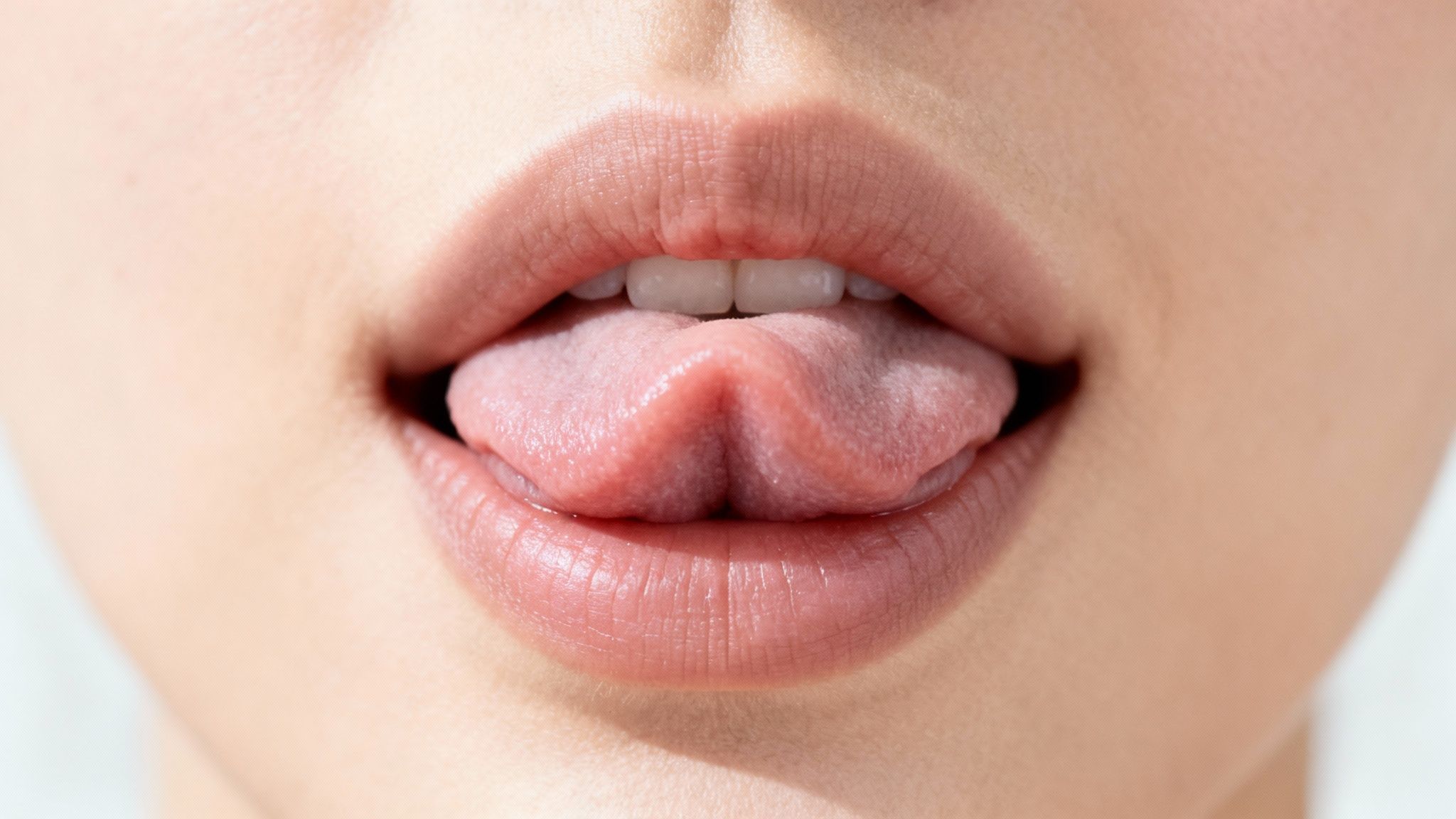 A close-up shot of a person's mouth with their tongue folded in half, showcasing a unique tongue movement.