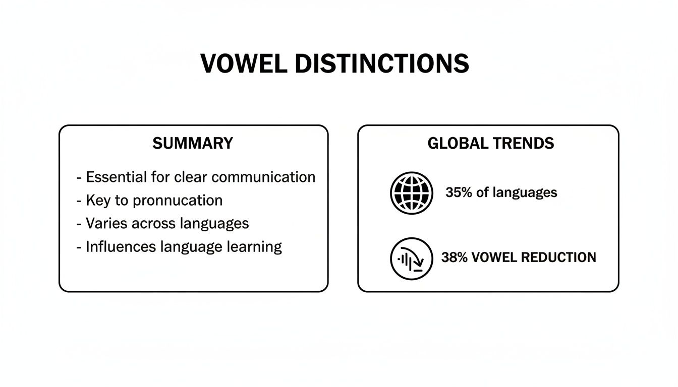 A presentation slide discussing vowel distinctions, their importance, and global trends in language.