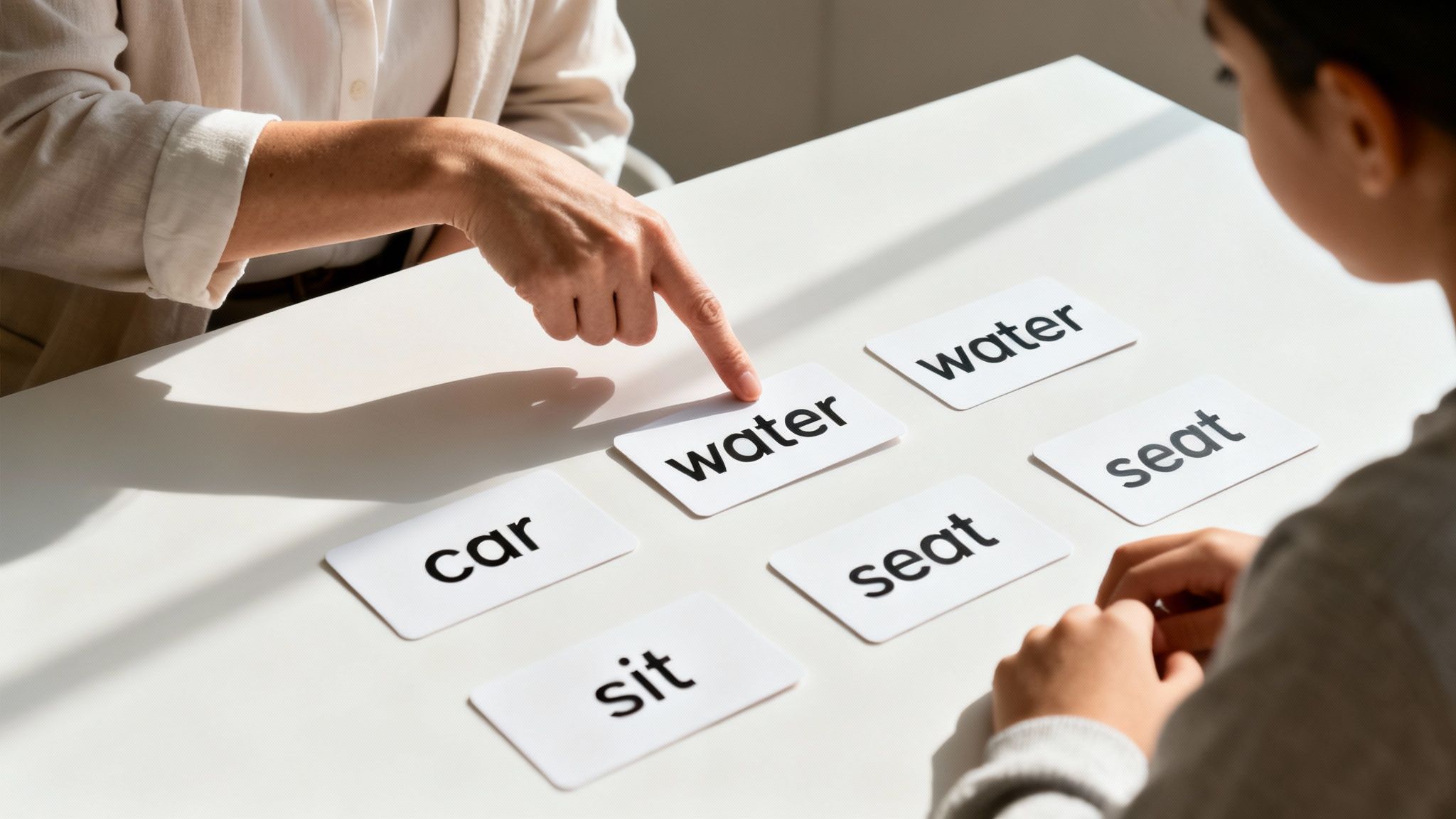 An adult points to a 'water' flashcard on a table, teaching a child English words.