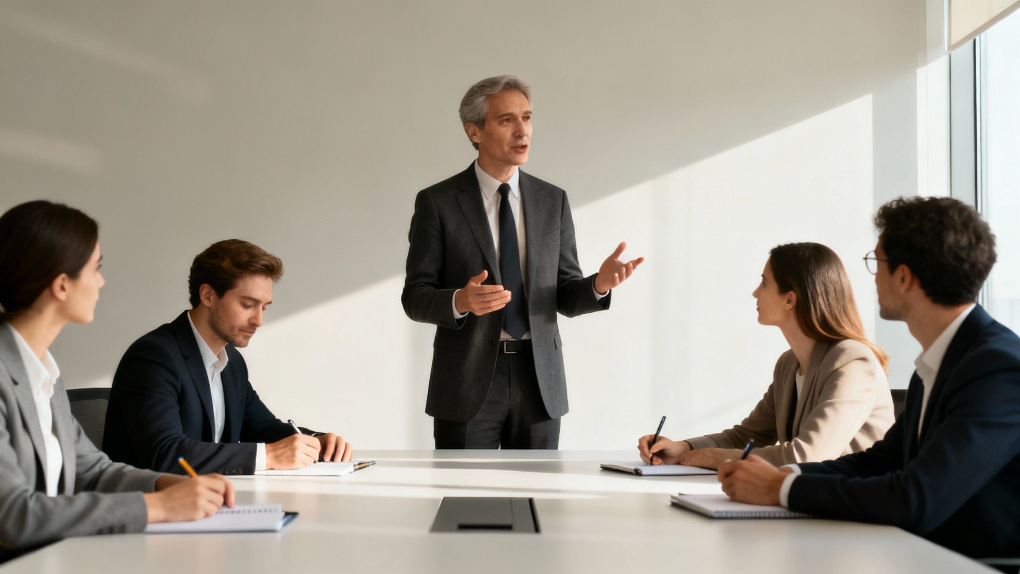 Senior businessman leading a meeting, gesturing while colleagues listen and take notes.