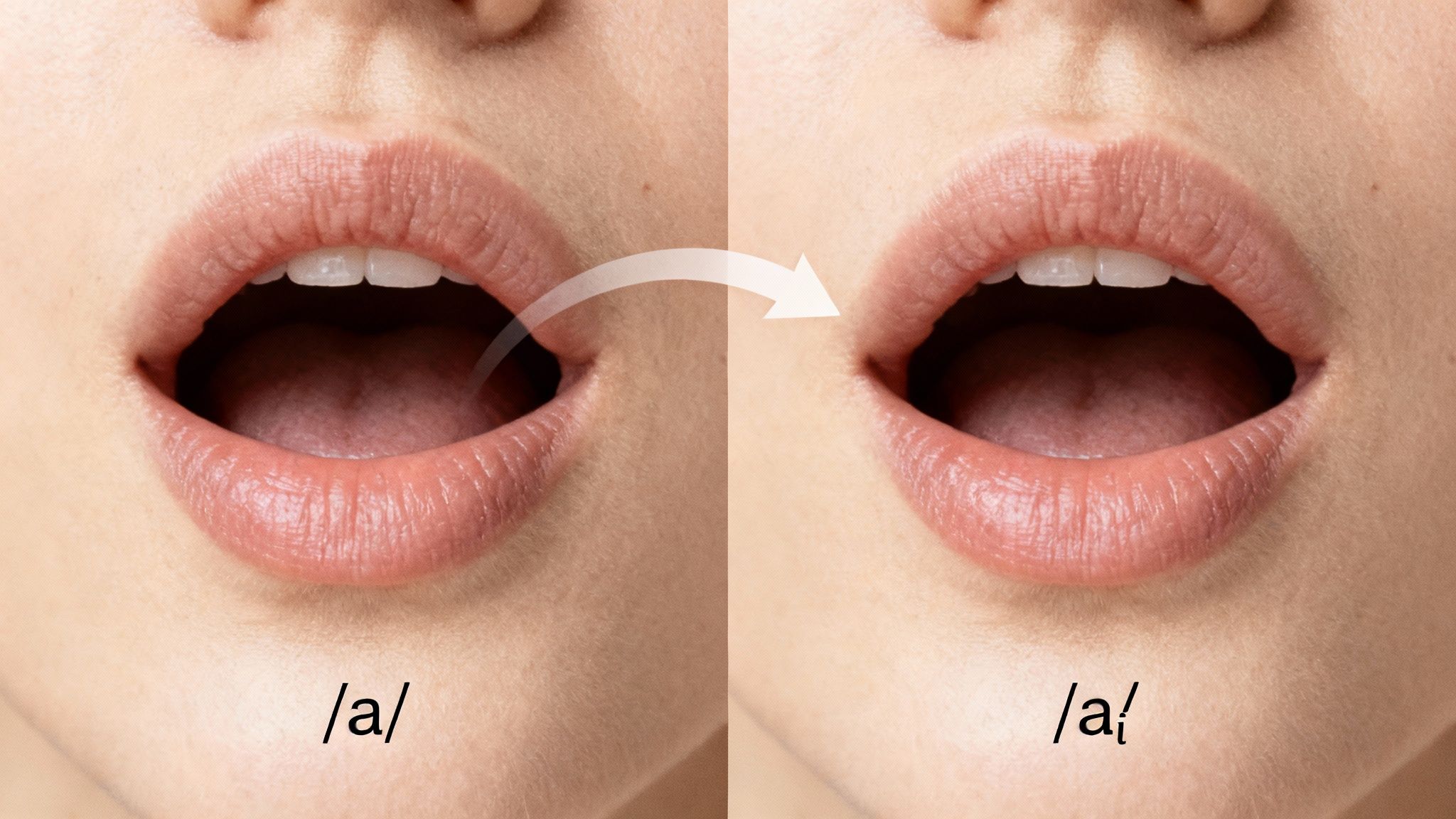 A person's mouth demonstrating the transition from the vowel sound /a/ to the diphthong /aɪ/.
