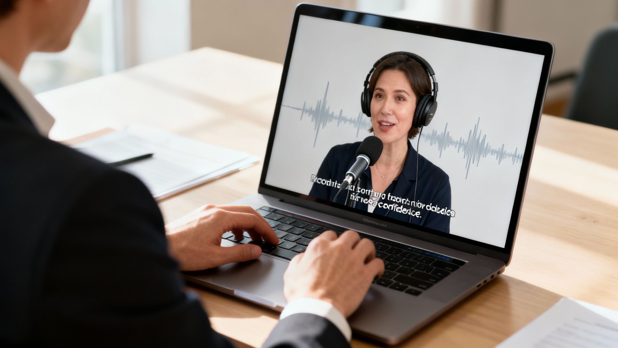A person watches an online podcast featuring a woman speaking with a microphone and subtitles on a laptop.