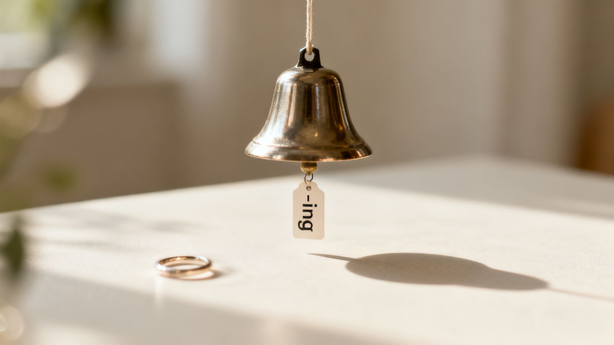 A brass bell with an '-ing' tag hangs above a golden wedding ring on a sunlit surface.