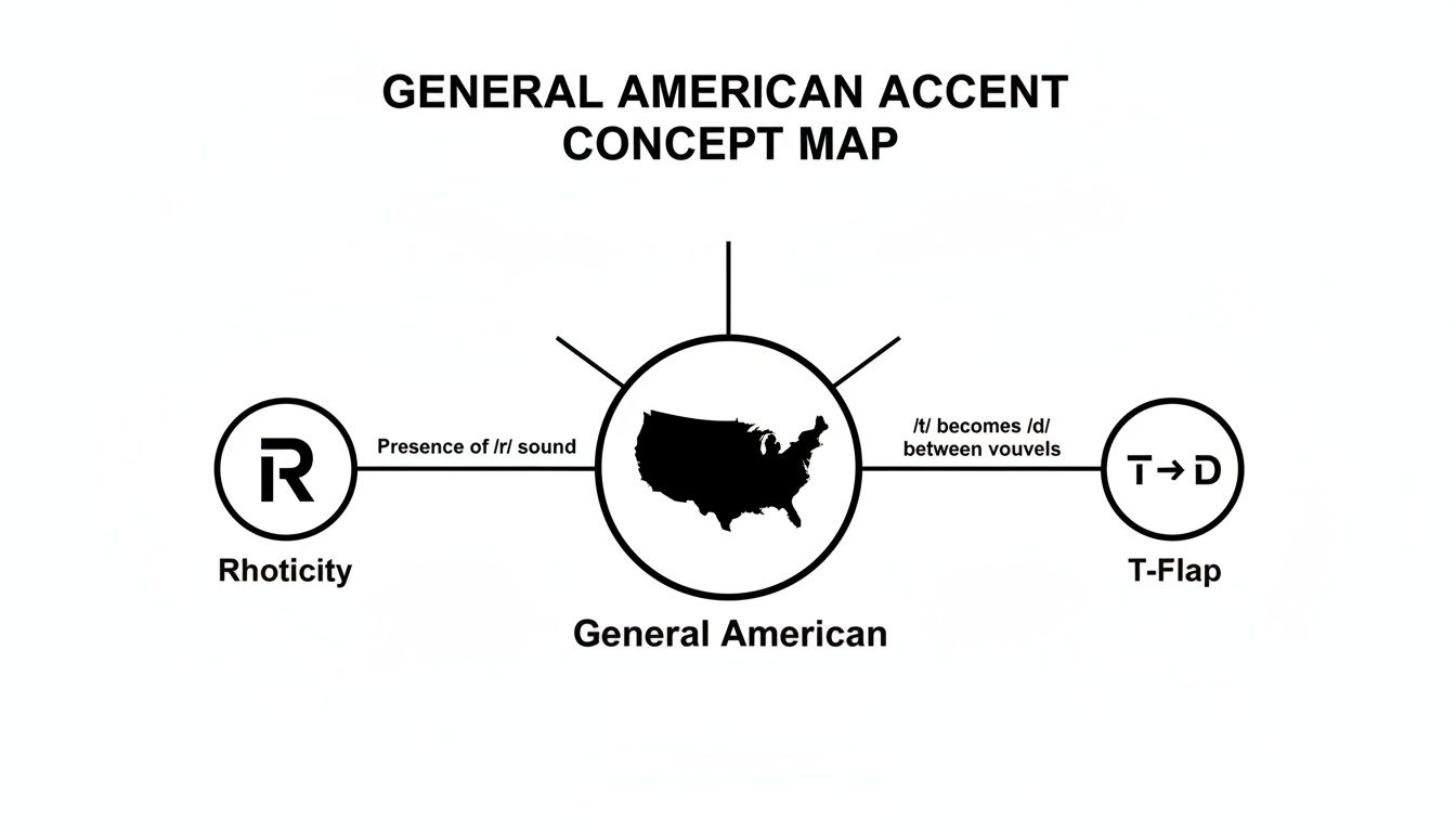 A concept map detailing the General American accent, its rhoticity, and T-Flap features.