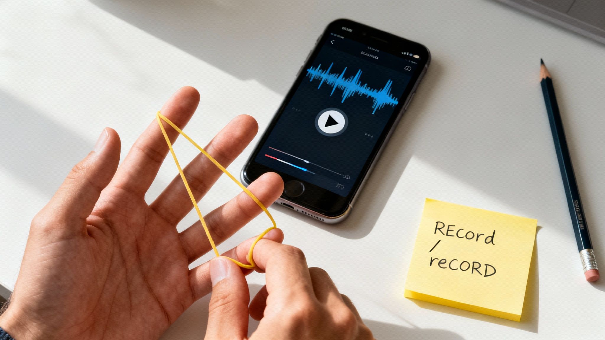 Hands stretch a yellow rubber band on a desk with a phone displaying a sound waveform.