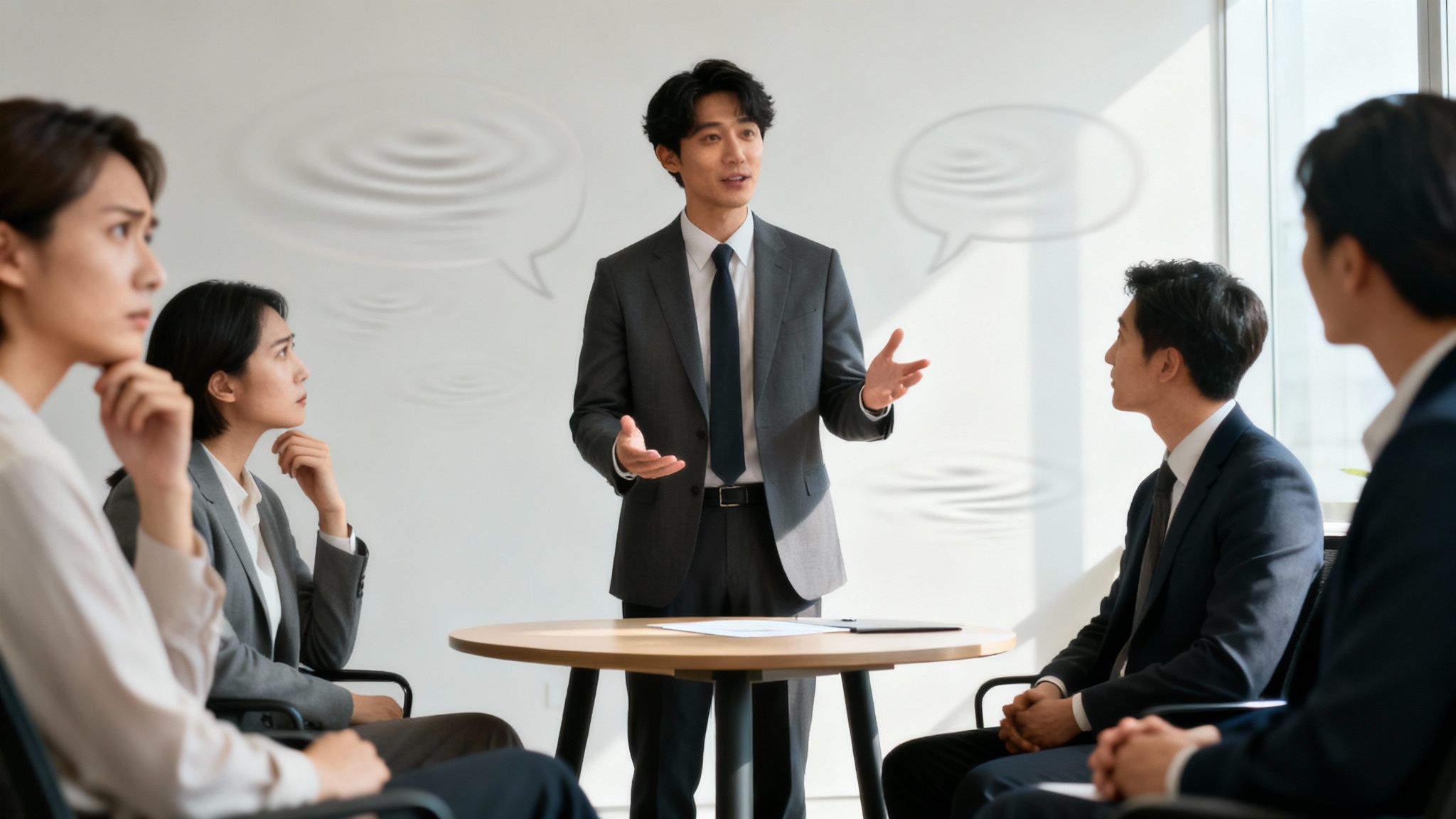 An Asian businessman leads a discussion, gesturing while colleagues listen intently in a modern office.