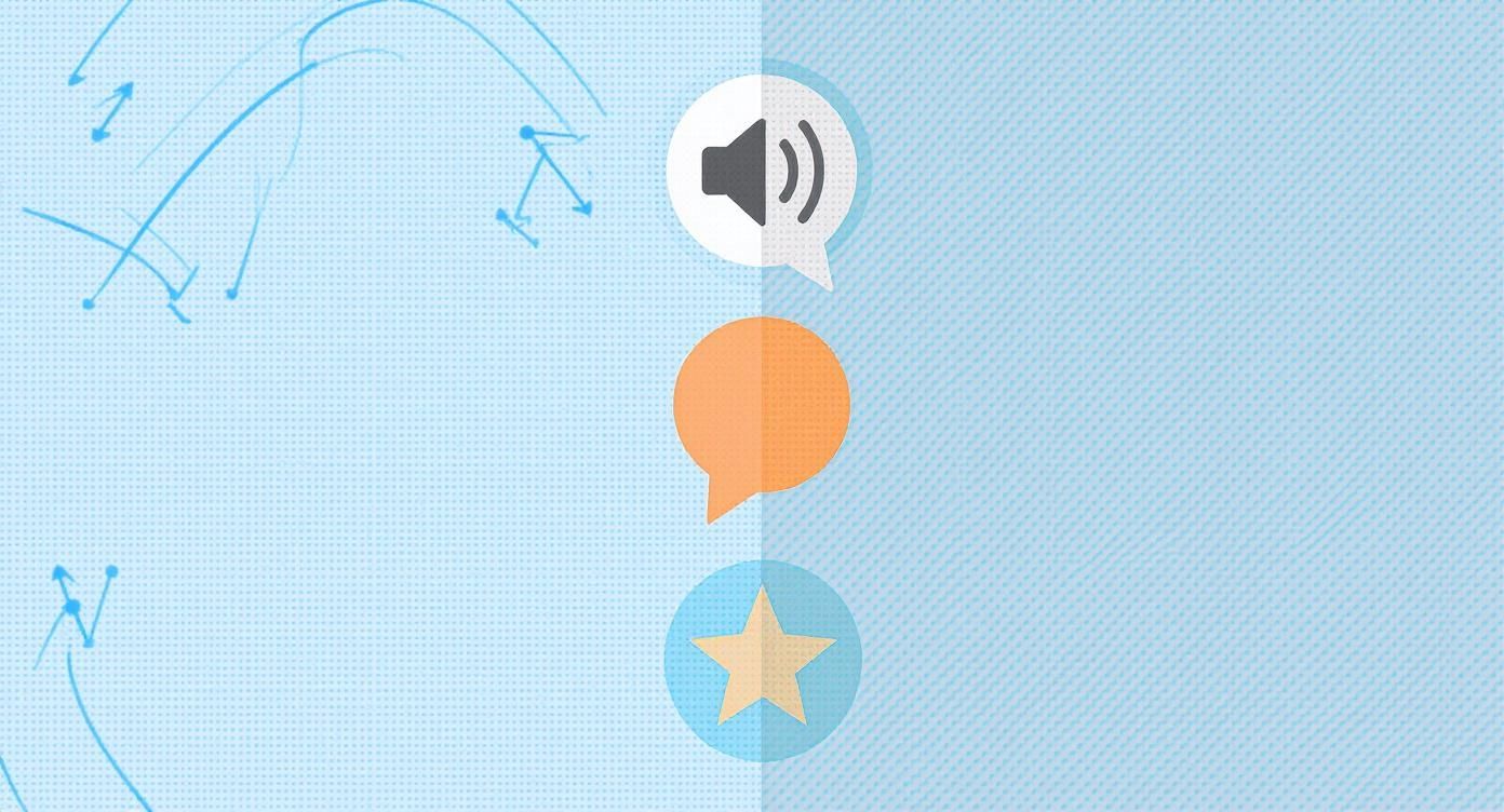 Abstract blue lines on left; sound, chat, and star icons on a split blue background.
