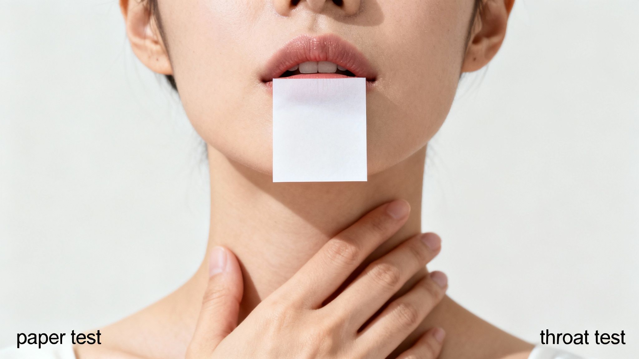 Close-up of a person performing a sound test with paper between lips and hand on throat.