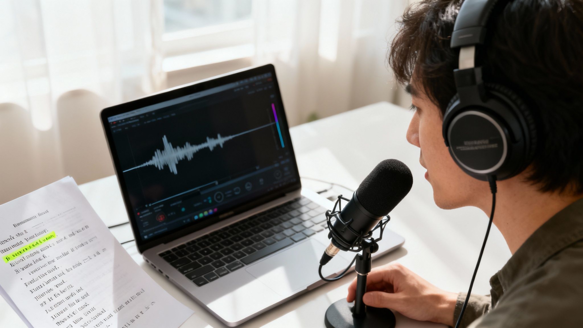A person in headphones records audio into a microphone with a laptop displaying a sound wave.